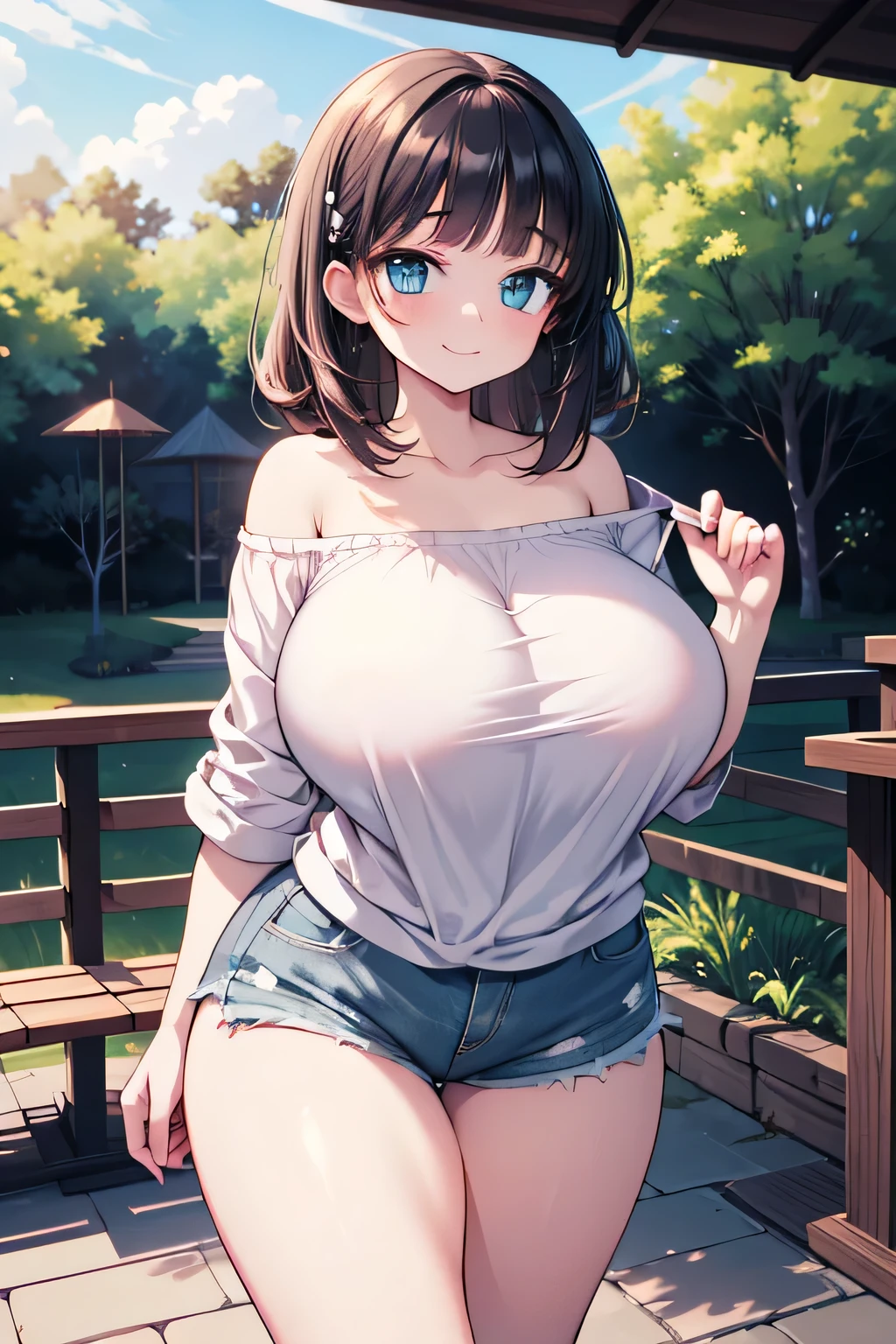 Anime illustration、High resolution、A sad smile、A short, busty, chubby gal、Natural Parks、Shaded gazebo、Off-the-shoulder shirt、Shorts、I can see her panties、Bobbed hair、Appealing sexual attraction、Perfect proportions、Cowboy Shot、Fatty thick legs、Sharp Eyes、Draw hands correctly