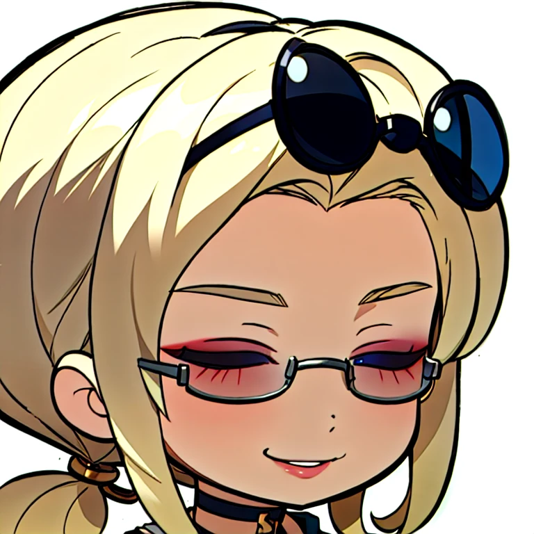 ((masterpiece, The best quality)),Quality edge,ironic smile,presumed, 
Chibi blonde Nadia with sunglasses and choker white background,simple bottom, 