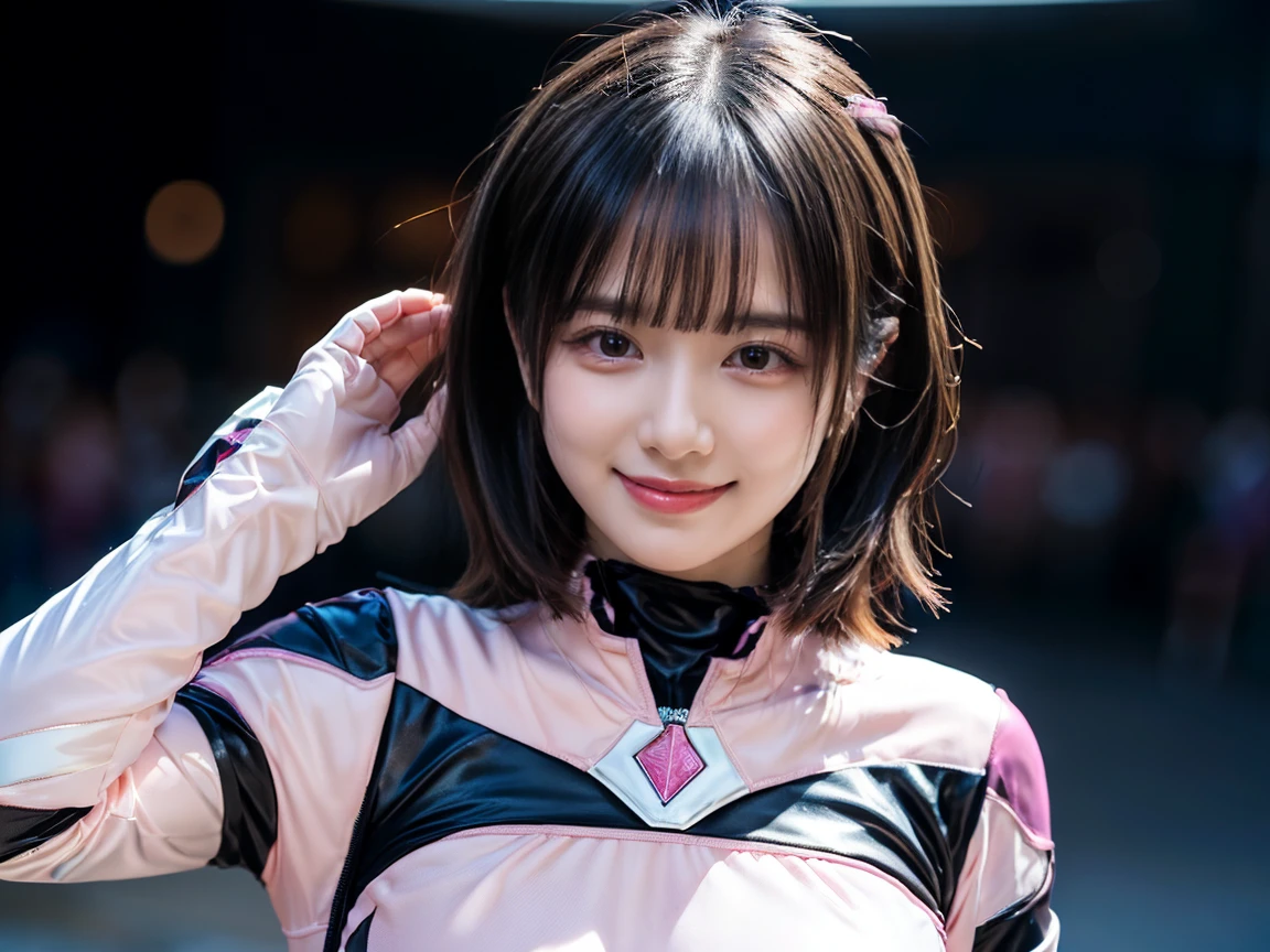 (8k、Raw photography、Best Quality、masterpiece:1.2),(Black Hair、Dark Eyes:1.9),(Pink Ranger、Plug Suit:1.7)、View your audience,Front View,White skin,(:1.4)、(Narrow waist:1.6)、(Clothes that flatter your bust:1.4)、(Big Breasts :1.4)、Slim figure、Ultra-high resolution,beautiful,beautiful fece,(1 person、No background:1.9),whole bodyボディー,Japanese women,(reality的:1.37)、Photon Mapping,reality、(-faced and cute: 1.4)、(Cute Smile: 1.8)、(Round face: 1.8)、Radio City、Physically Based Rendering、Bokeh background、photograph, (:1.8),(:1.6),whole body、Great quality