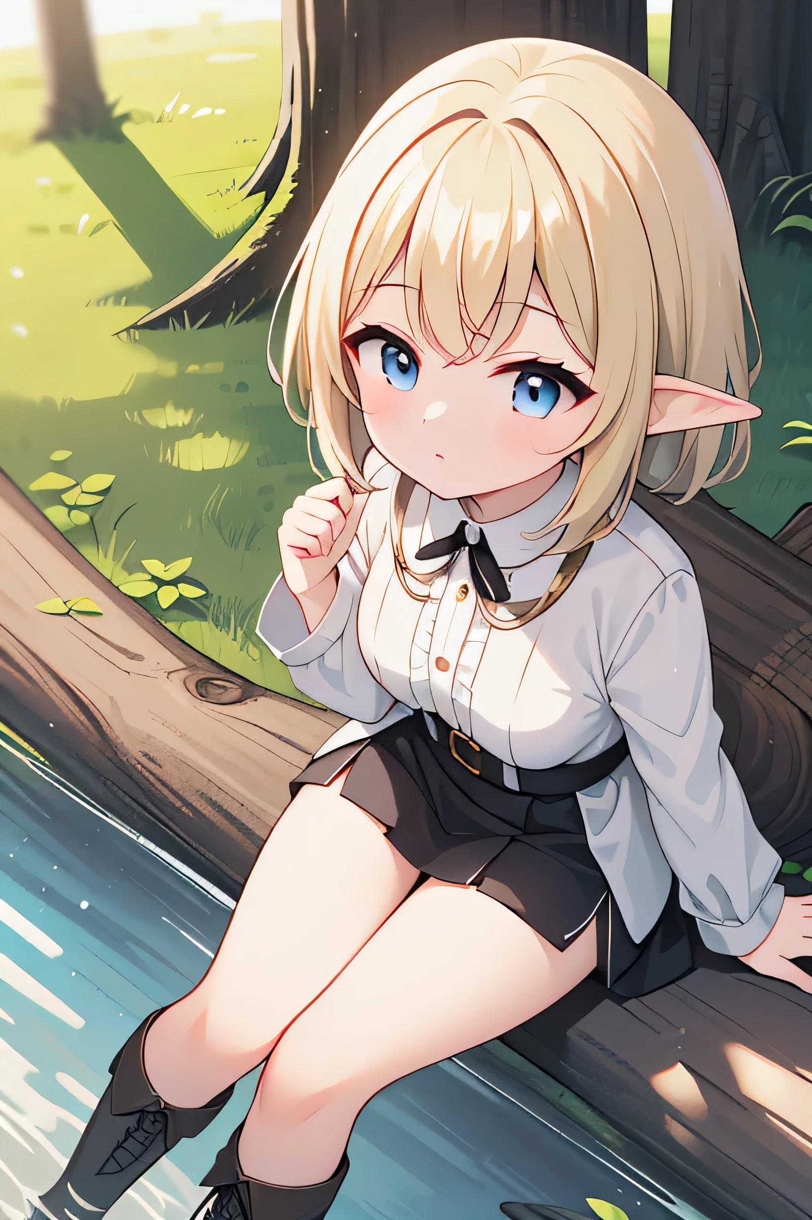 score_9, score_8_up, score_7_up, score_6_up, score_5_up, source_anime, BREAK, 1girl, solo, elf girl, elf ears, pixie, sitting on log, forest, blue eyes,from above,looking up,ground,blonde hair,(dappled sunlight:1.2),blurry,depth of field, boots,leaf