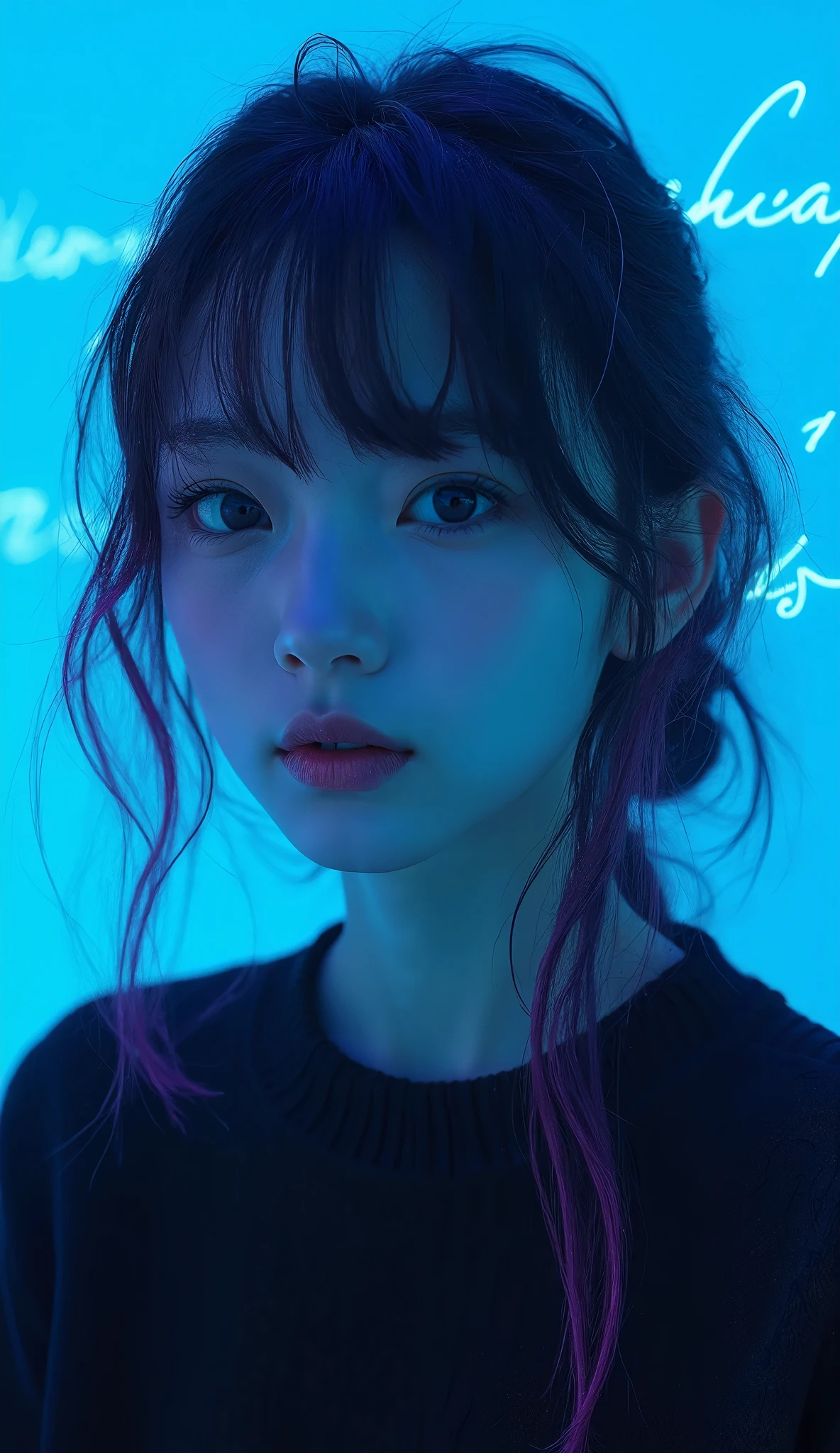 (Best Quality:0.8), (Best Quality:0.8), Perfect realistic photo、Ultra-Realistic、Japanese, ((masterpiece, Best Quality)), Illustrator, Realistic, 1 girl, lip, sweater, order, Blue gradient background, Neon Hair, Texture clipping, Canada, (masterpiece, Best Quality) , About Art, Gothic art, Depth of written boundary, Cinema Lighting, Backlight, 超High resolution, masterpiece, Textured Skin, Anatomically correct, Super detailed, Attention to detail, High image quality, Best Quality, Award-winning, High resolution, 16k