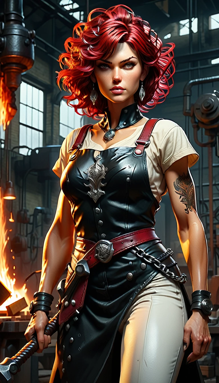 (wide angle), 1woman, goddess of the forge, Hephaestus, ((blacksmith woman)), middle-aged woman in her 40s, toned muscle physique, ((medium length wavy with crimson roots fading to black tips)), burn scars on chest and arms, (wearing leather apron, apron with glowing symbols), (tight black button up shirt) , (wearing skin tight white leggings), (wearing flat heeled black work boots), ((swings a huge smithy hammer in one hand, over her head)), smith's hammer glows, she stands at an angelic anvil, (set inside a massive automated factory:1.37), ((high resolution)), intricately detailed facial features, detailed piercing eyes, refined jawline, masterpiece, 8k, ((hyper realistic)), 3/4 profile view, cinematic lighting, dramatic shadows, warm color tones, intricate details, hyper-detailed, battle hammer, (spl1th41r, two tone hair)