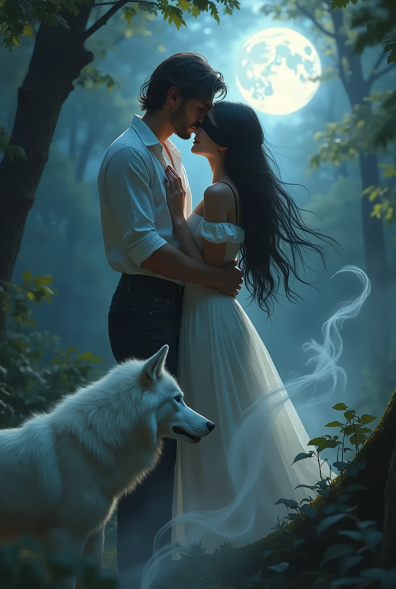 a beautiful couple, a white wolf, a handsome man with a beautiful woman, fair skin, long brown curly hair woman, a white-fur wolf beside them, romance, good background, 4k, hd, hyper-realistic