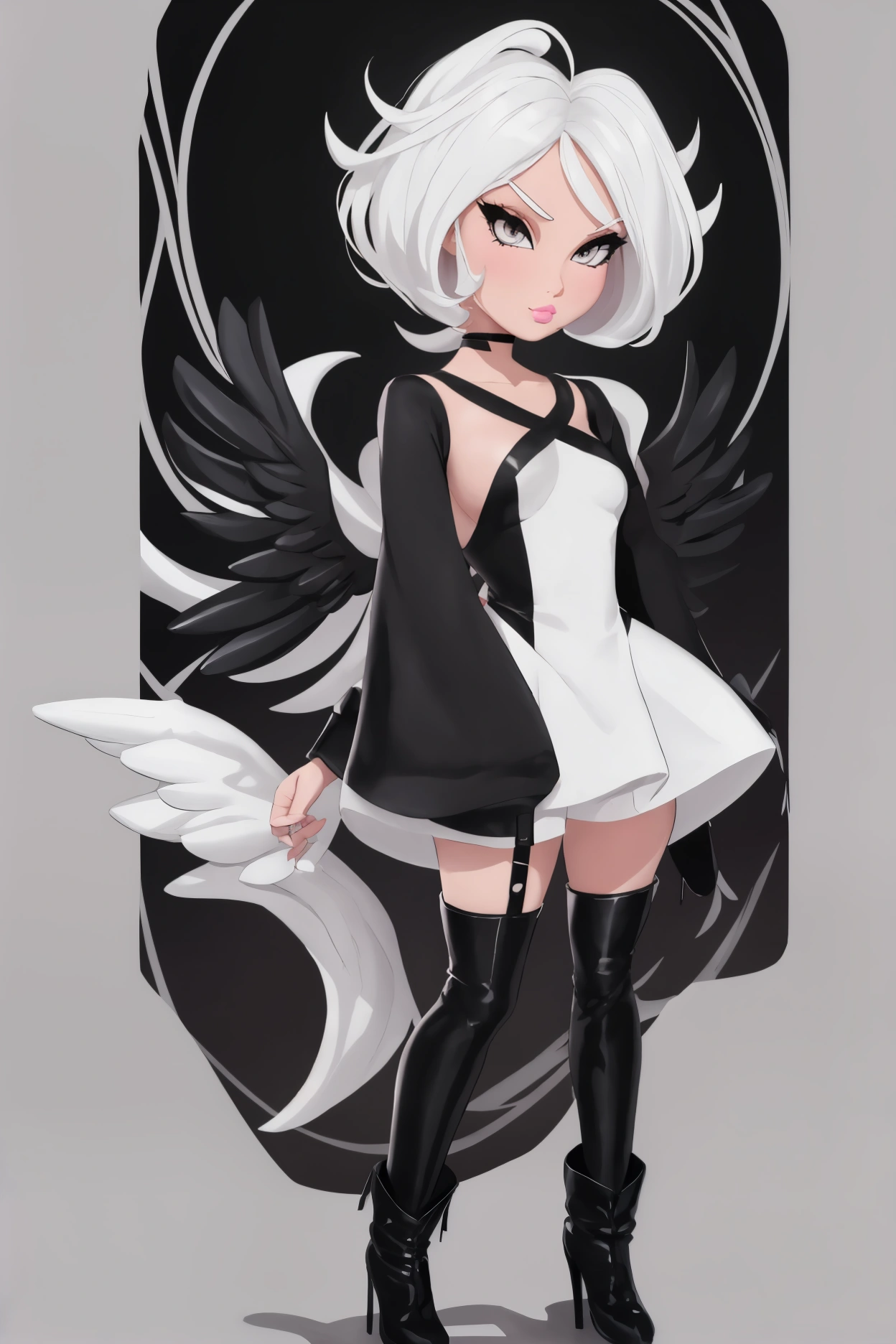 Barbie style CARTOON sexy intimidating look short white hair brown eyes white skin with white angel wings with two black lines in the middle and a long-sleeved gray dress, black boots