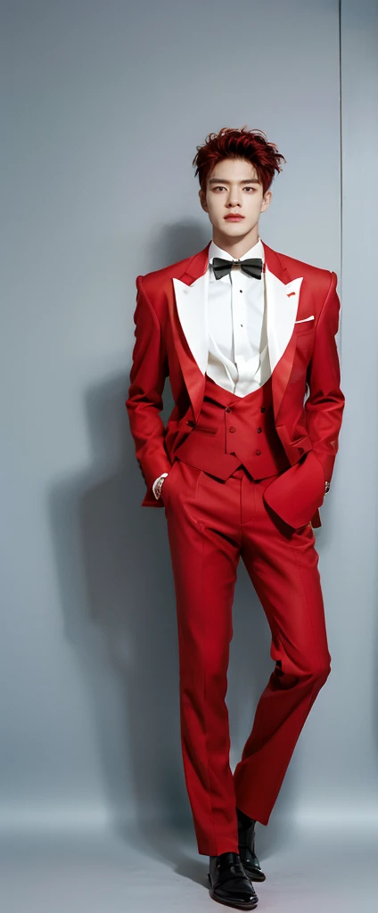 Full Body Photo 、 8K HD High Quality Image 、 Studio Background 、 Accurate 、Korean man 、 NCT Jeno 、White skin 、 Red hair 、FULL black tuxedo set 、black shoes 、Standing in a Full Height from Head to toe 、Cool Korean man haircut 、Holding cards on his hands 、NO MAKE UP 、Red FACE MASK 、Black fedora 、Black tuxedo pants 、Black necktie 