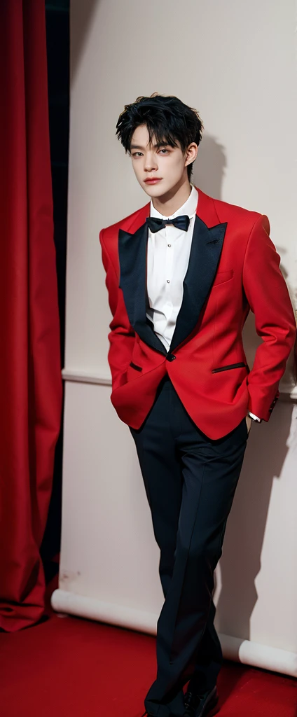 Full Body Photo 、 8K HD High Quality Image 、 Studio Background 、 Accurate 、Korean man 、 NCT Jeno 、White skin 、 Red hair 、FULL black tuxedo set 、black shoes 、Standing in a Full Height from Head to toe 、Cool Korean man haircut 、Holding cards on his hands 、NO MAKE UP 、Red FACE MASK 、Black fedora 、Black tuxedo pants 、Black necktie 