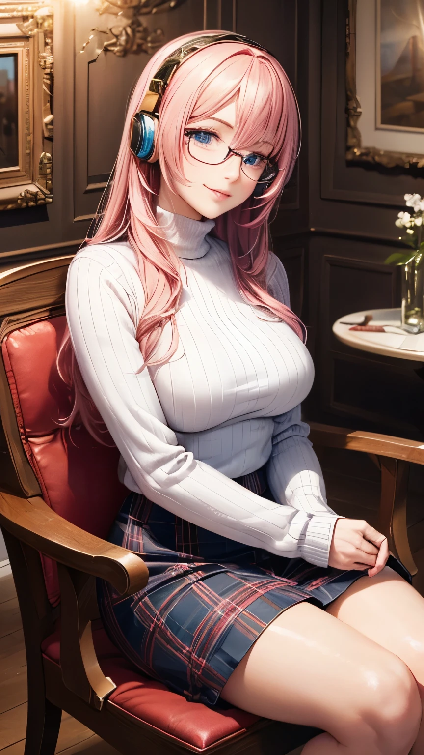 Megurine Luka，Pink long hair，((headphones，White turtleneck long sleeve knit，Red tartan check long skirt，Red frame glasses))，((Clear blue eyes))，((4K，8k，CG Unity，Masterpiece，masterpiece，Best Quality:1.5))，Official image，Perfectly correct anatomy，((Realistic:1.2))，Bust Up，((Looking at the camera with a gentle smile:1.17))，((sitting in a rocking chair))，The most beautiful woman in the world，Supermodel，Beautiful and detailed skin texture，Beautiful Lips，Very detailed acrylic painting，Very beautiful and smooth hair，Professional Lighting，Perfectly correct hand shape，Intricate details