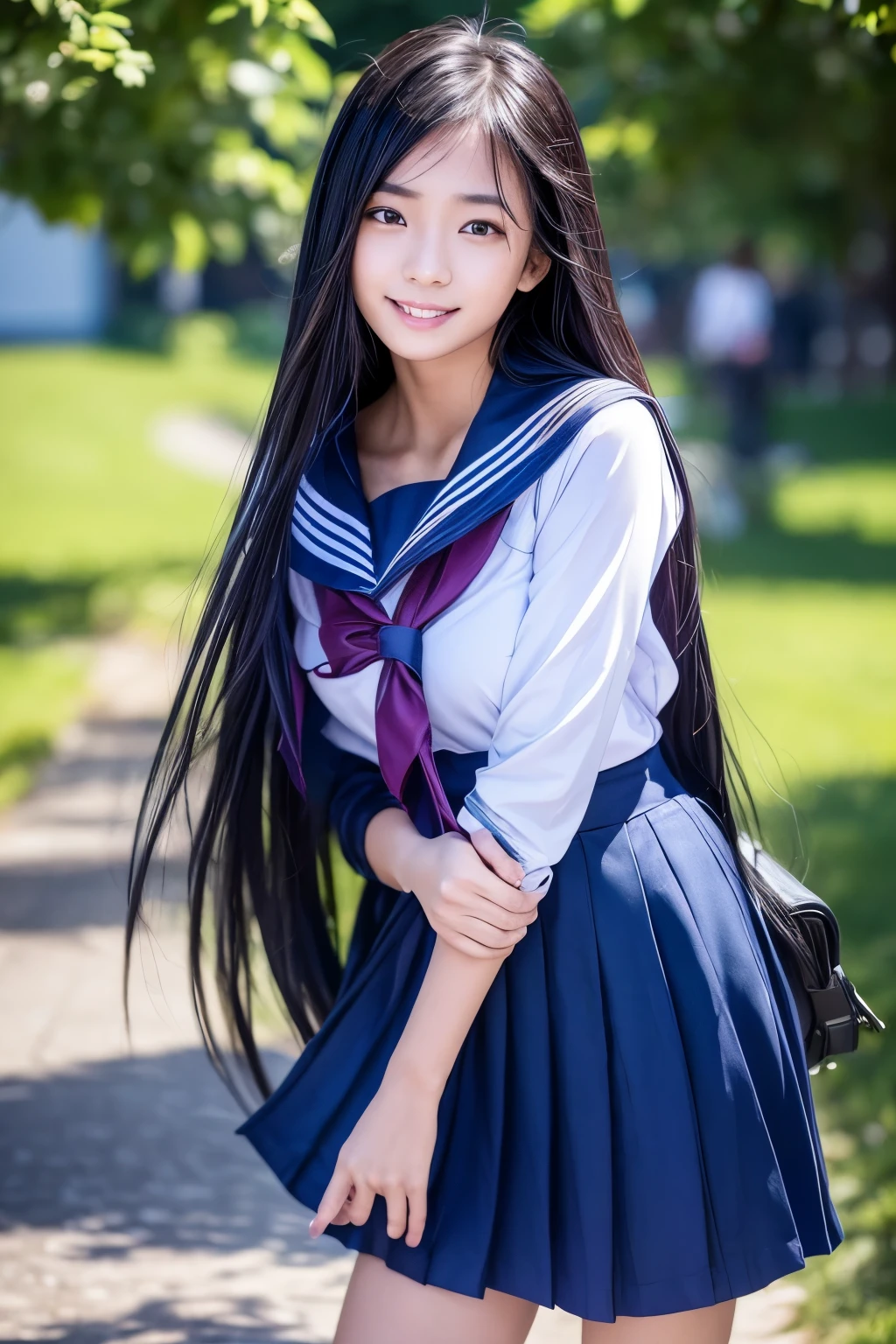 1girl, asian, girl, super long silky hair, beautiful detailed face, eye contact, perfect detailed smile, school uniform, arching back, protruding breasts, outdoor park, vibrant colors, soft lighting, photorealistic, 8k, hyperrealistic, highly detailed, masterpiece, cinematic, dramatic lighting, beautiful scenery, lush greenery