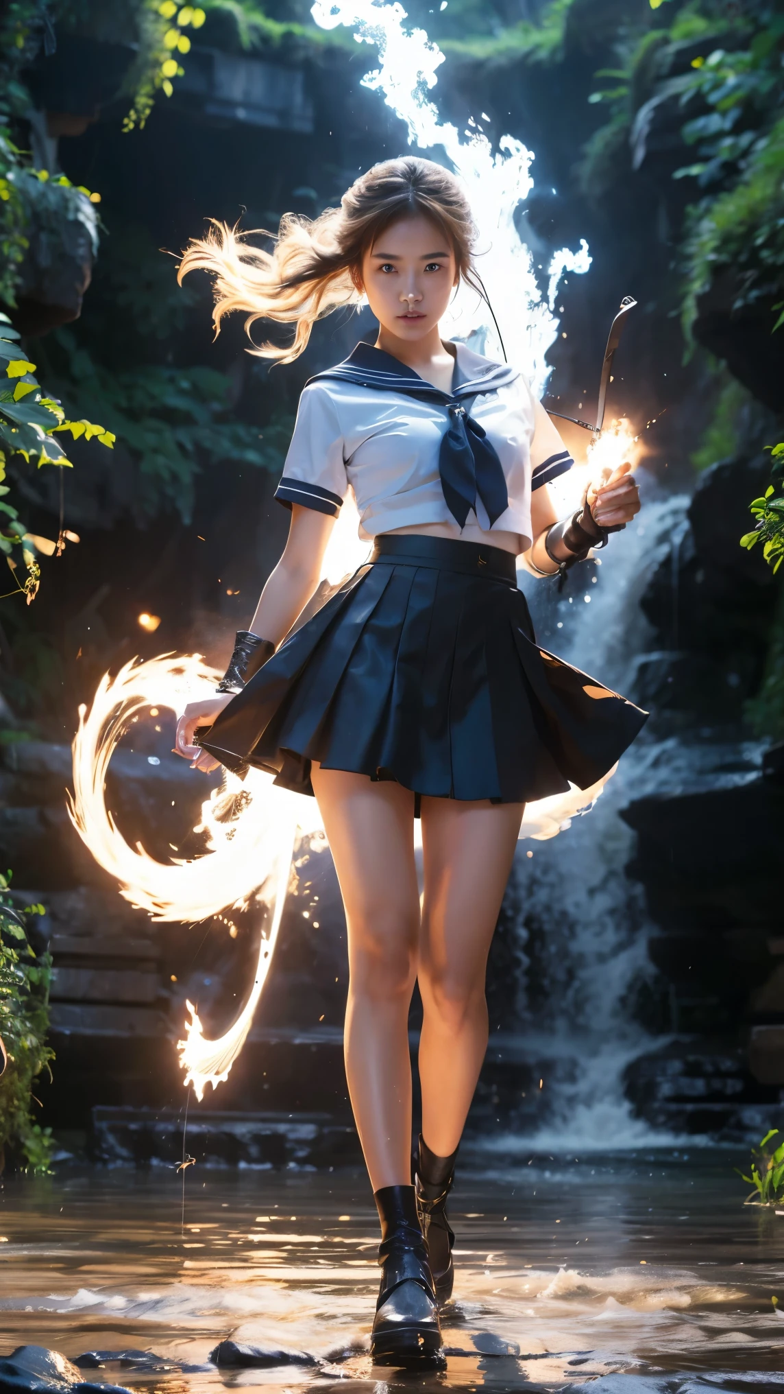 (, Best Quality, High resolution, Surreal, Super Beauty), 24000dpi, (Holding a Japanese sword, Bidirectional, Electric shock), , Special Move Stance, All-in-one, dance, Beautiful woman, Long Tail, Well-formed eyes, greatest visual acuity, 18 years old, Attractive, Totally American, Perfect body, Physical Beauty, (Sailor suit, mini skirt),whole body