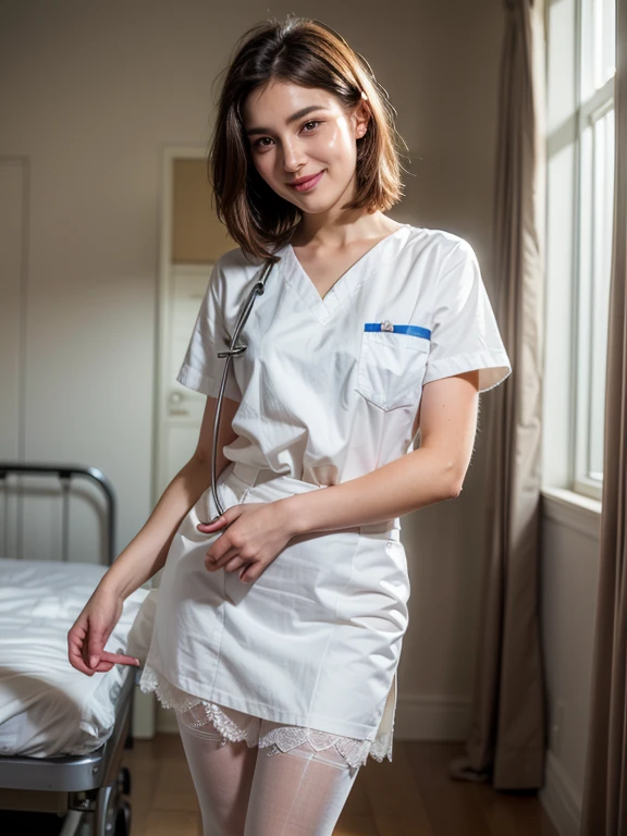 とてもbright lighting、(cute nurse at the hospital)、()(look at the camera)、(alone)、(surreal), (figure), (High resolution), (8K), (very detailed), (best figure), (beautiful and fine eyes), (highest quality), (Super detailed), (masterpiece), (wallpaper), (detailed face),(((one girl)))、(((looking at the viewer:1.2)))、innocent smile、cute smile、a little chubby face、(gentle smile:1.3)、surrealな、(Big eyes)、(double eyelid)、(((A thin pink nurse uniform that shows your body line))),((highest quality、8K、masterpiece:1.3))、Panty shot、(ultra High resolution:1.2)、big breasts、(white skin:1.2),(bright lighting)、(stockings and garter belt)、(Korean、Japanese、Chinese:0.3)、Mr.々pose、wearing light blue gloves