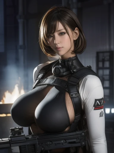 Best Quality、Amazing details、Ultra-high resolution、（realism：1.4）、（（close：0.75））、One woman is very condensed、Beautiful and delicate face、Perfect Proportions、Narrow your target audience、Large Breasts）、Brown Hair、（White Technology Suit）、（Cyborg Vs.. Police uniform、、、Black and grey mech、Military Harness、RPG-7、Hitch Tech Flamethrower Tank Transport）、The background is a simple gray wall、