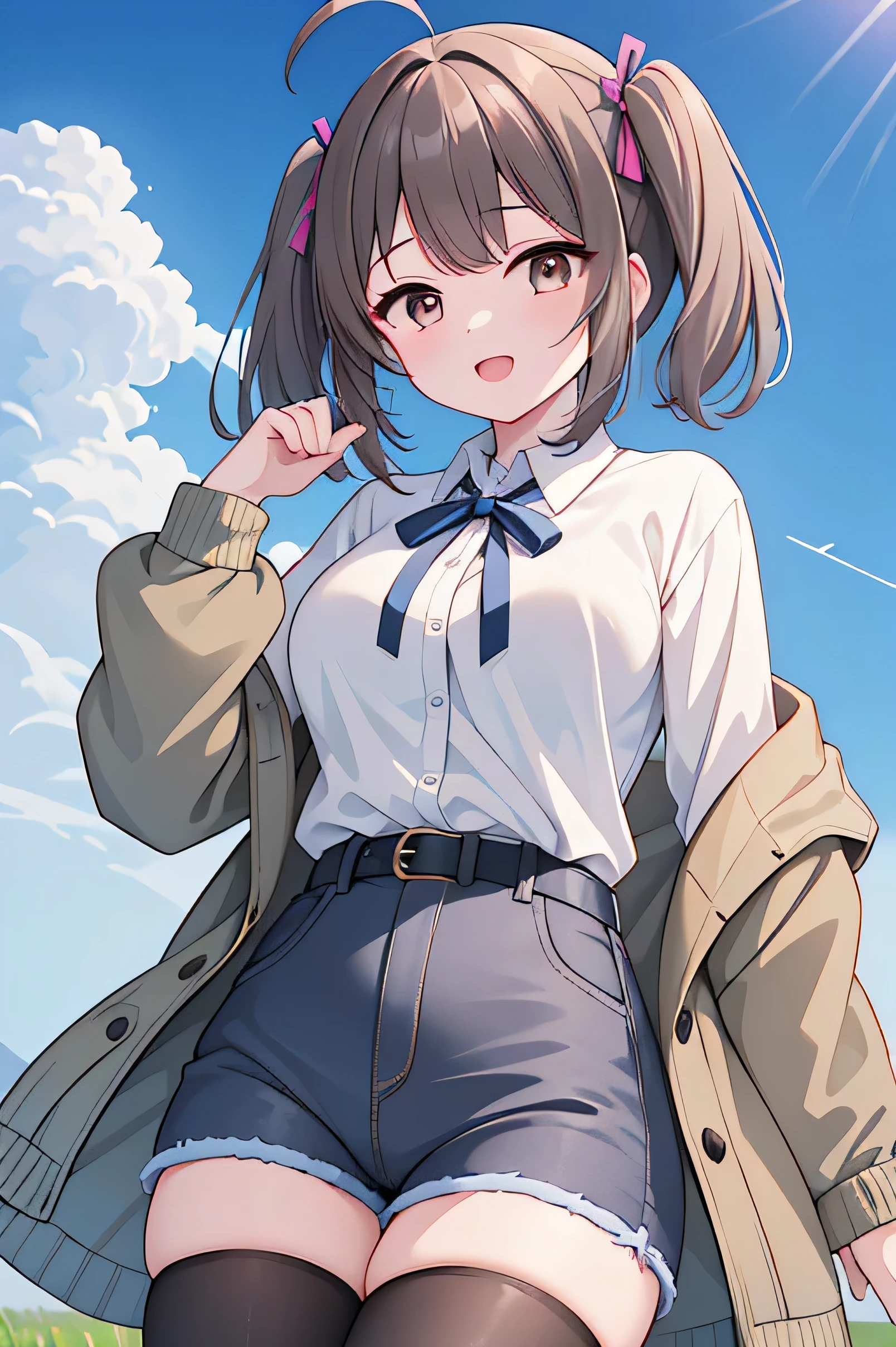 1girl, solo, (field:1.2), (blue sky:1.2), large breasts, smile, (cowboy shot:1.2), hand up,  
fujino_mitsuki, brown eyes, brown hair, long hair, ahoge, hair ornament, neck ribbon, long sleeves, pink cardigan, collared shirt, white shirt, open clothes, belt, blue shorts, pantyhose, score_9, score_8_up, score_7_up, source_anime, best quality, uncensored, rating_safe,