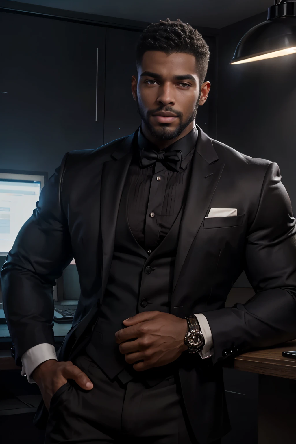 A ARJUN Indian Gurjar man with big shinning eyes big lips wide jawline beautiful hunk face spiky black hairstyle, weared formal suit and huge bulge, standing in office with spread legs, head to thighs