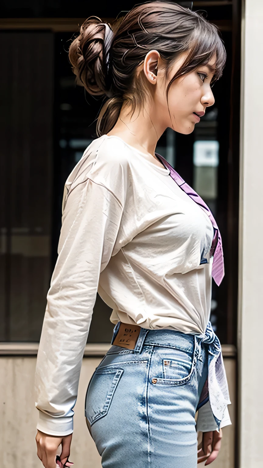 Give me image of the woman, alone, In Paris, with hat, posing as a model, with a shirt that highlights your curves