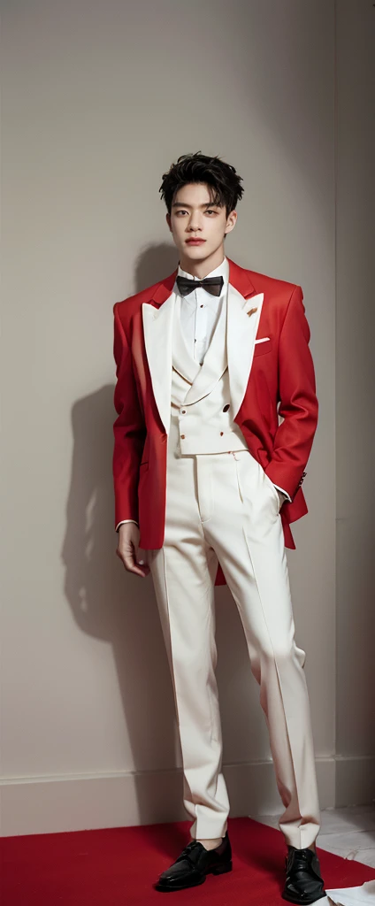 Full Body Photo 、 8K HD High Quality Image 、 Studio Background 、 Accurate 、Korean man 、Jeno from NCT 、White skin 、 Red hair 、FULL black tuxedo set 、black shoes 、Standing in a Full Height from Head to toe 、Cool Korean man haircut 、Holding cards on his hands 、NO MAKE UP 、Red FACE MASK 、Black fedora 、Black tuxedo pants 、Black necktie 