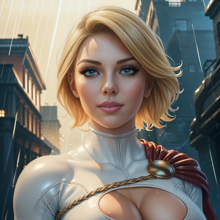 (best quality, 4K, masterpiece :1.3),, (Huge breasts, attractive body :1.2),  :1.3, short blonde hair: 1.2, ((soaked body :1.2), ultra-detailed face, detailed lips, detailed eyes, double eyelid, wearing her iconic Powergirl leather outfit and cape. ((raining a lot:1.1)) 