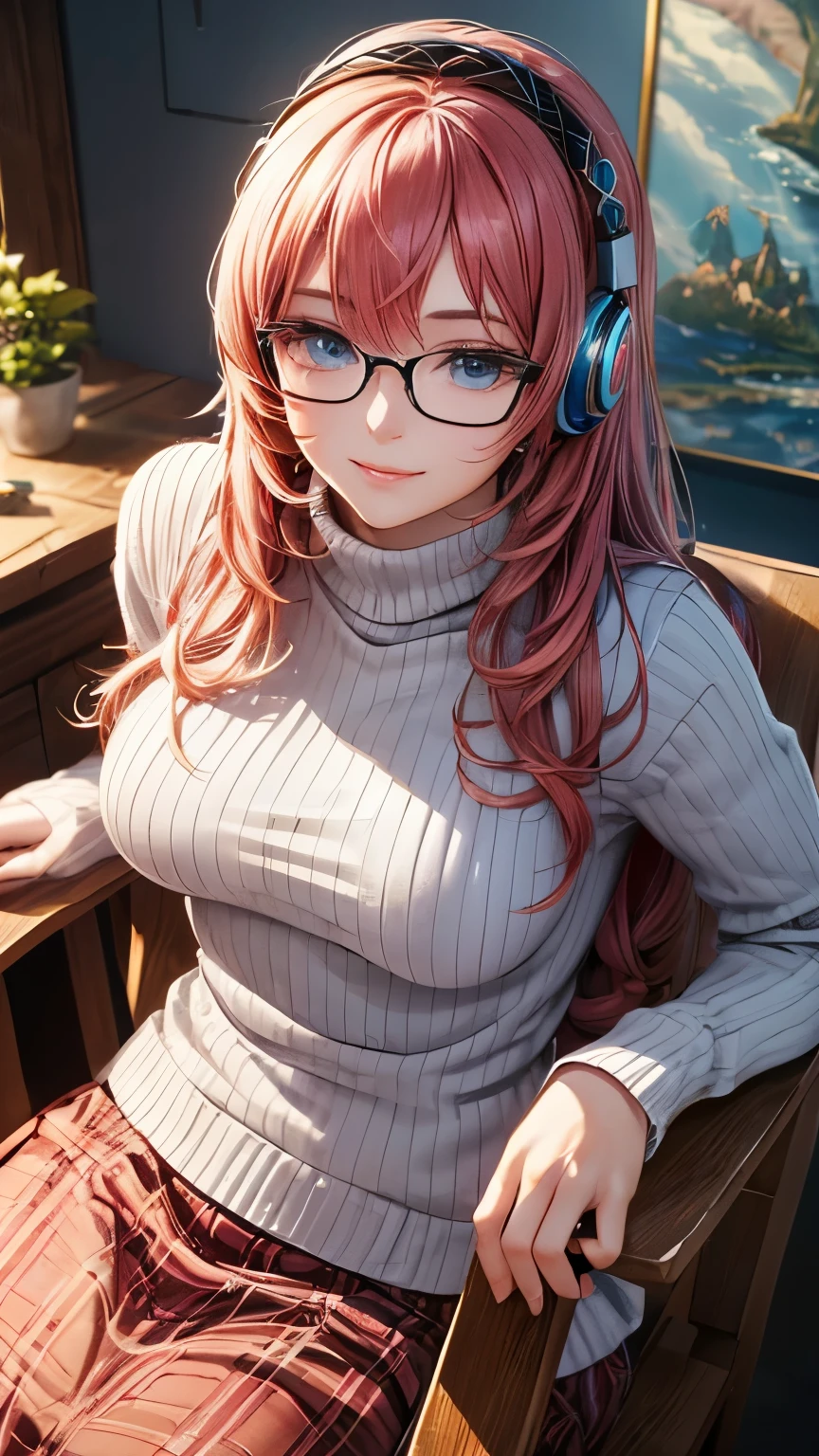 Megurine Luka，Pink long hair，((headphones，White turtleneck long sleeve knit，Red tartan check long skirt，Red frame glasses))，((Clear blue eyes))，((4K，8k，CG Unity，Masterpiece，masterpiece，Best Quality:1.5))，Official image，Perfectly correct anatomy，((Realistic:1.2))，Bust Up，((Looking at the camera with a gentle smile:1.17))，((sitting in a rocking chair))，The most beautiful woman in the world，A soothing expression，Supermodel，Beautiful and detailed skin texture，Beautiful Lips，Very detailed acrylic painting，Very beautiful and smooth hair，Professional Lighting，Perfectly correct hand shape，Intricate details，Slightly oblique angle from above