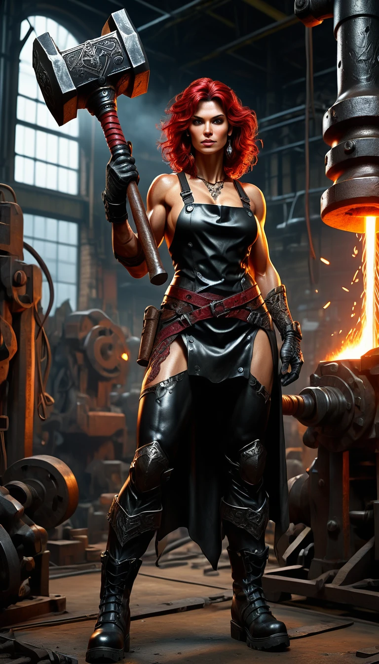 (wide angle), 1woman, goddess of the forge, Hephaestus, ((blacksmith woman)), middle-aged woman in her 40s, toned muscle physique, ((medium length wavy with crimson roots fading to black tips)), burn scars on chest and arms, (wearing leather apron, apron with glowing symbols), (tight black button up shirt) , (wearing skin tight white leggings), (wearing flat heeled black work boots), ((swings a huge smithy hammer in one hand, over her head)), smith's hammer glows, she stands at an angelic anvil, (set inside a massive automated factory:1.37), ((high resolution)), intricately detailed facial features, detailed piercing eyes, refined jawline, masterpiece, 8k, ((hyper realistic)), 3/4 profile view, cinematic lighting, dramatic shadows, warm color tones, intricate details, hyper-detailed, battle hammer, (spl1th41r, two tone hair)