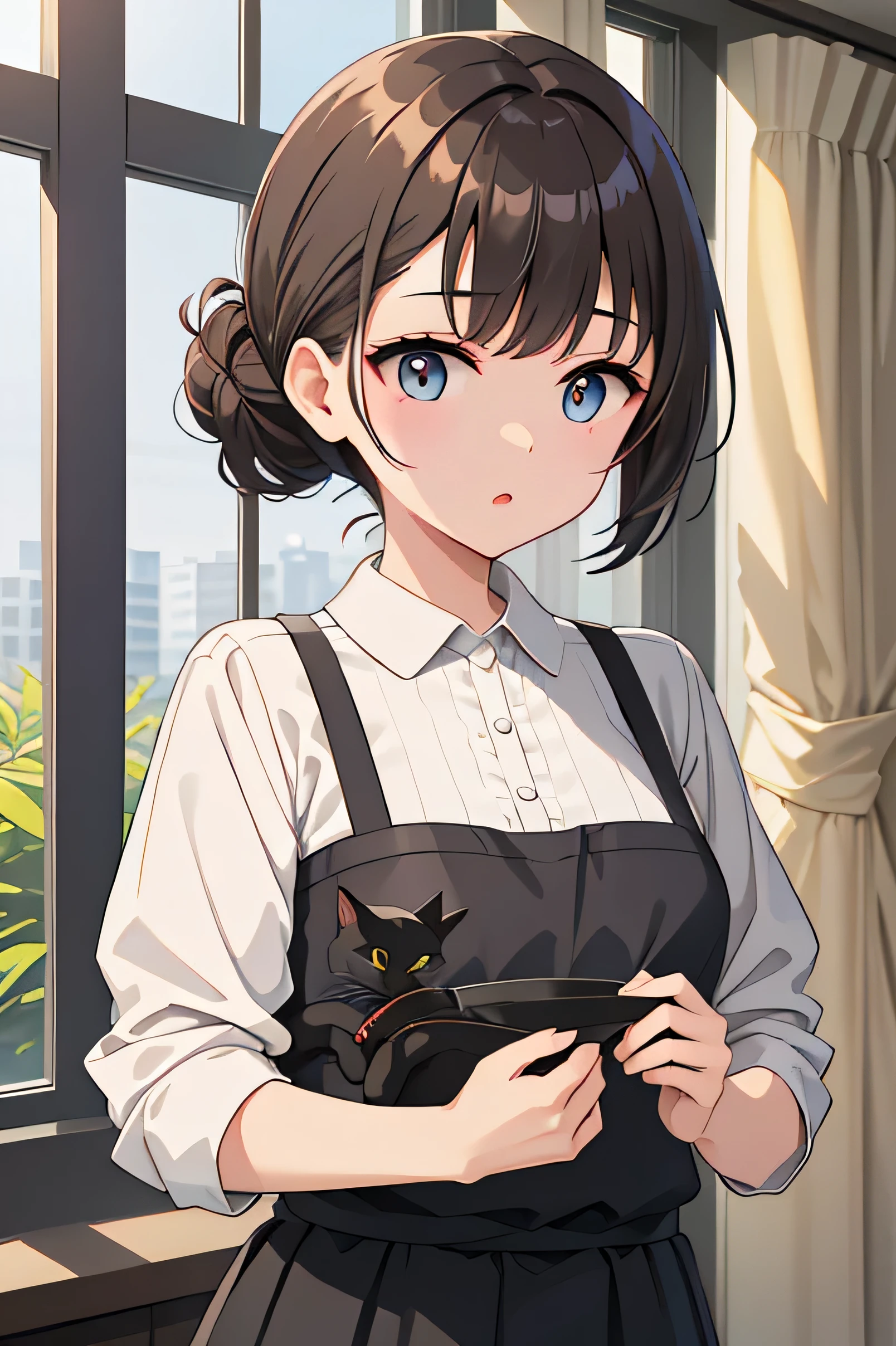 Highest quality、Black catを抱く女の子、Cute  girl、Bun hair with brown hair tied、Black cat、Natural look、Long Shot、Natural light