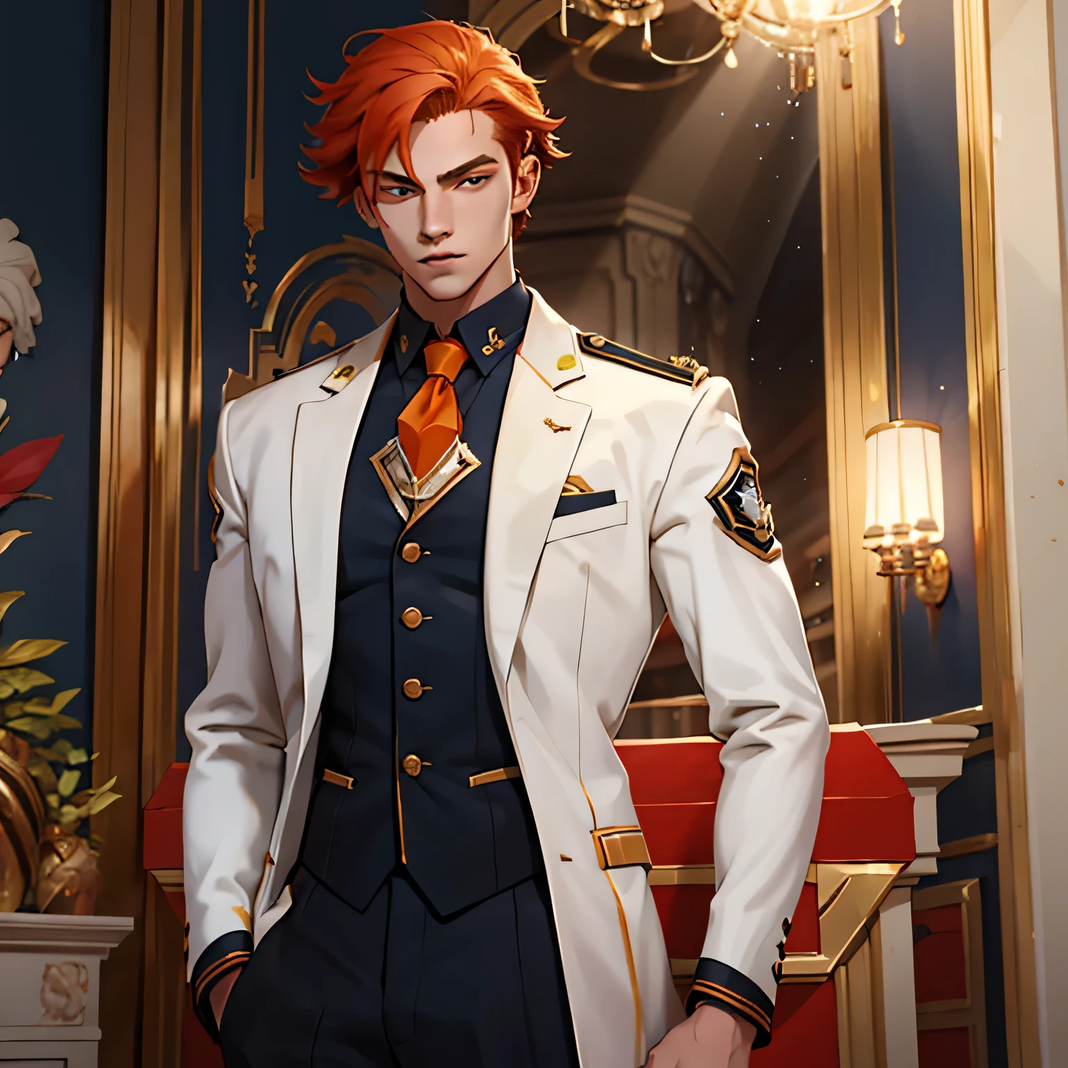 splash art of a young eighteen year old man, messy light orange red hair, handsome model face, athletic body, he is wearing an elite white gold and dark blue academic uniform, formal pose, he is in a fancy place with gold details