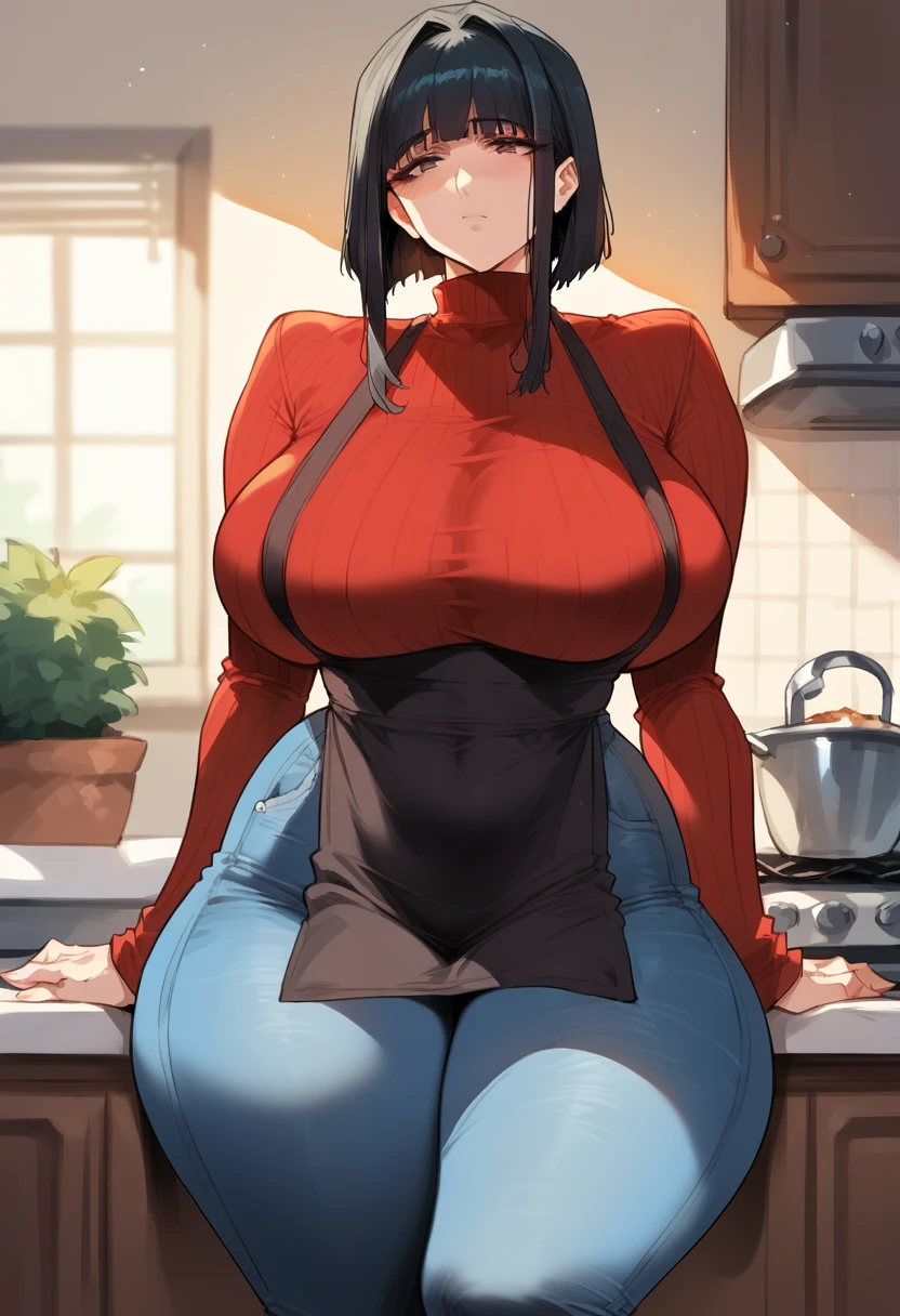 score_9, score_8_up, score_7_up, score_6_up, score_5_up, score_4_up, (source_anime), 1girl,solo, mature woman, milf, Delicate face, long black hair, fringe, Tight light jeans, tight red sweater, thick thighs, big ass, in the kitchen, focus on character, curvy, thicc, Black long simple Apron, lover