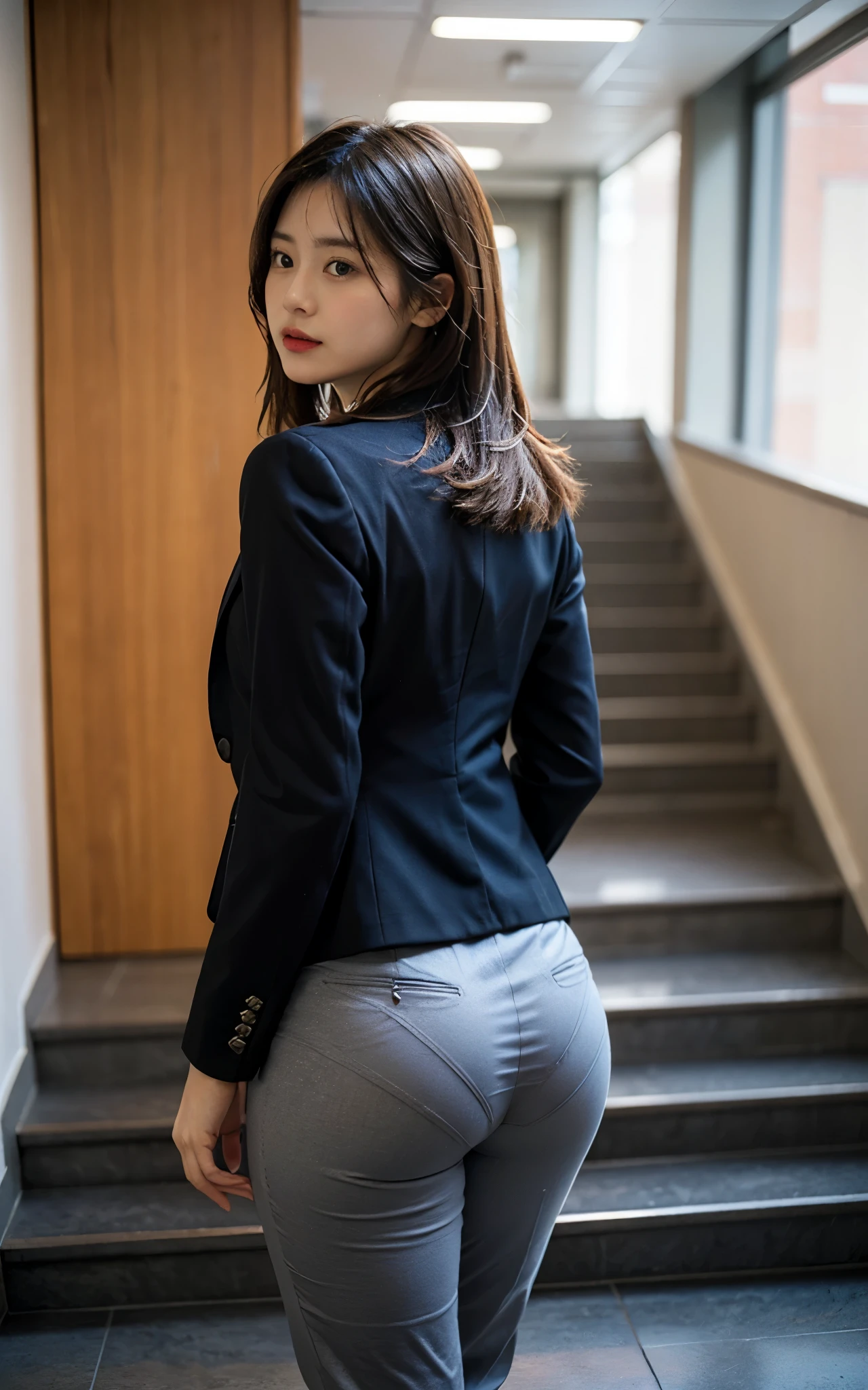 (masterpiece:1.3, 8k, Realistic, Raw photo, highest quality: 1.4, Ultra High resolution, Ultra-realistic, ), office lady, plump body:0.2, perfect proportion, big buttocks, (Medium Hair:1.3), Tight pants, From behind, From below, back of head:1.5, Climbing the stairs to the office:2, Put your hands on your buttocks:1.5, Back view:1.5, blazer:1.5