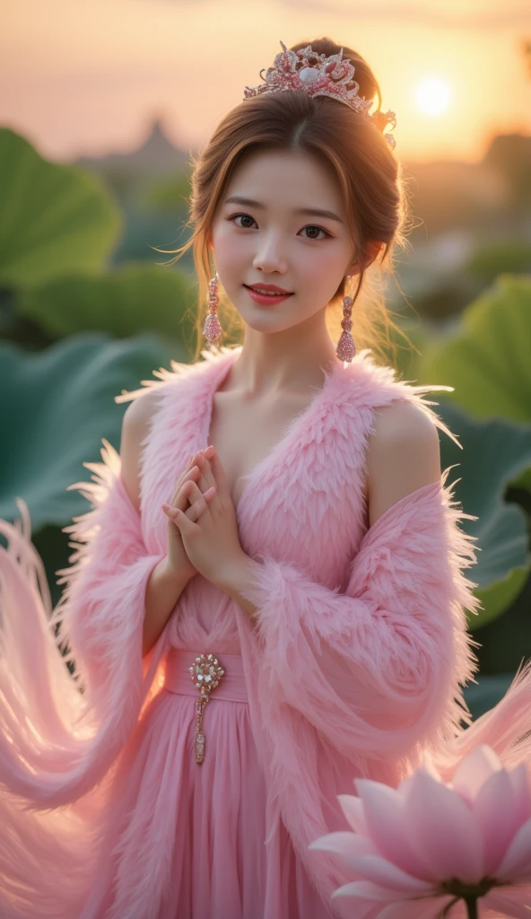 portrait, background  lotus leaf, Sun rise, center standing Chinese beautiful girl, smile, a legendary pink robe of feathers worn by a heavenly maiden, (super detail, high details, high quality, accurate, anatomically correct, textured skin, beautiful fingers super detail, high details, high quality, best quality)