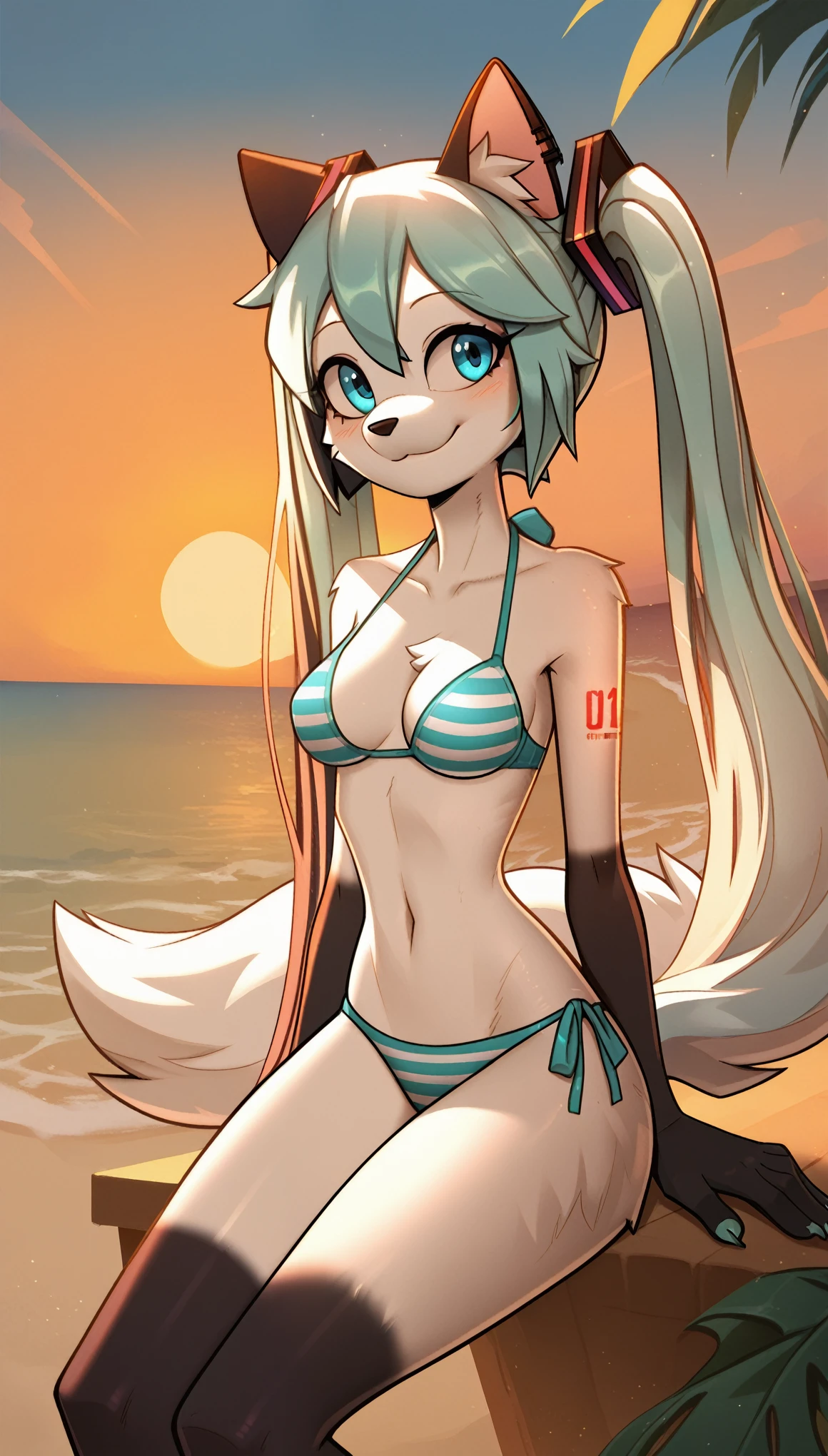 smile, 1girl, anthro, furry, fur, fluffy fur, Hatsune Miku, white fur, white body, cat girl, {(blue bikini), (striped bikini bra), (striped bikini panties), blue eyes, (19 years), medium breast, thicc thighs, solo, (beach), (sunset), detailed, (jizoku), score_9, score_8_up, score_7_up, score_6_up, score_5_up, score_4_up