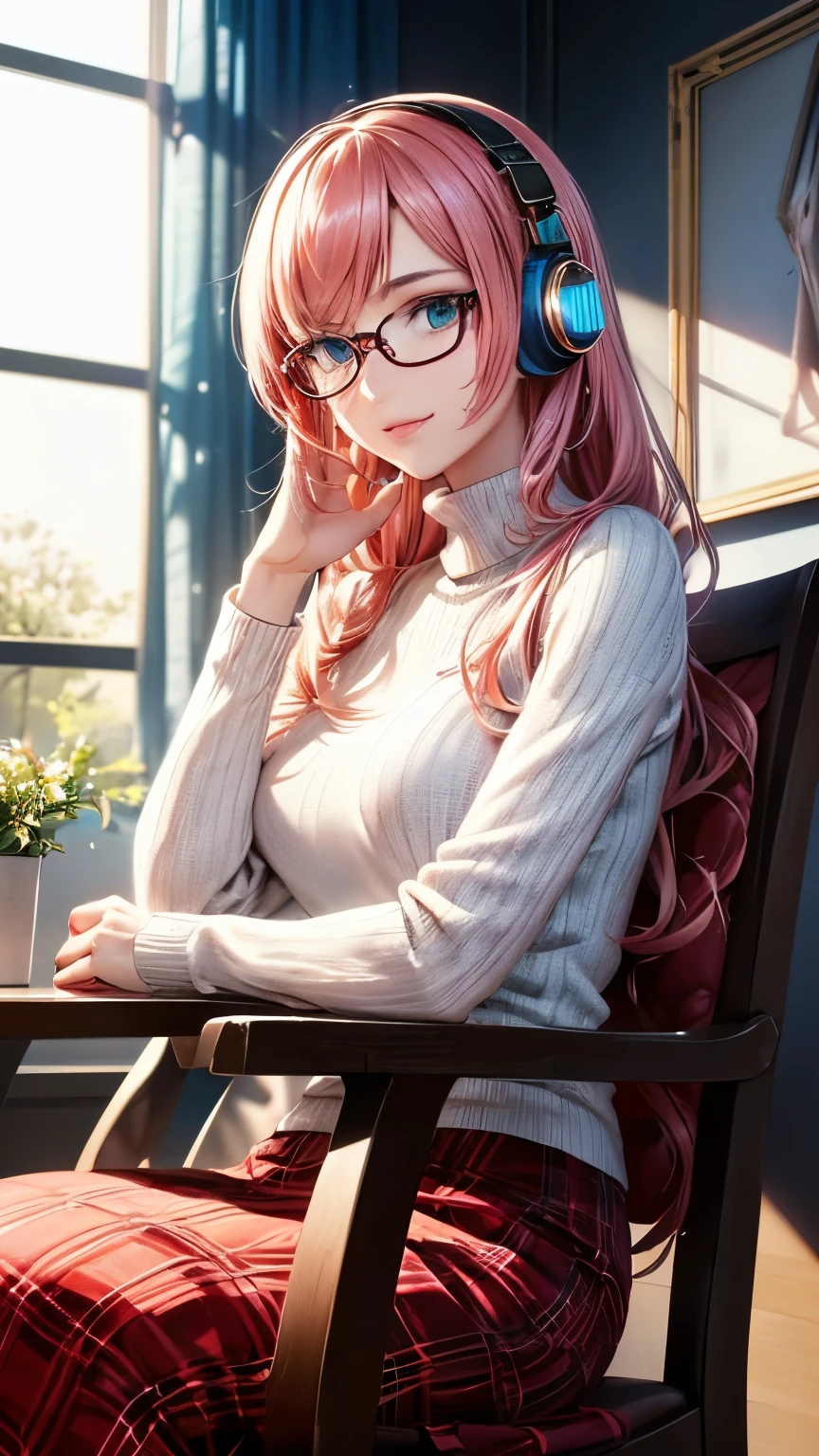 Megurine Luka,Pink long hair,((headphones,White turtleneck long sleeve knit,Red tartan check long skirt,Red frame glasses)),((Clear blue eyes)),((4K,8k,CG Unity,Masterpiece,masterpiece,Best Quality:1.5)),Official image,Perfectly correct anatomy,((Realistic:1.2)),Bust Up,((Looking at the camera with a gentle smile:1.17)),((sitting in a rocking chair)),The most beautiful woman in the world,A soothing expression,Supermodel,Beautiful and detailed skin texture,Beautiful Lips,Very detailed acrylic painting,Very beautiful and smooth hair,Professional Lighting,Perfectly correct hand shape,Intricate details
