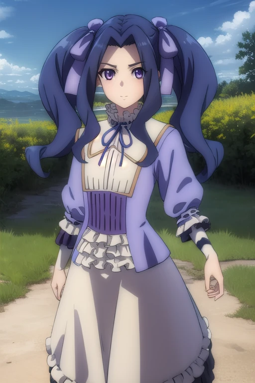 meltyqmelromarc, melty q melromarc, long hair, ribbon, twintails, blue hair, (purple eyes:1.1), hair ribbon, purple ribbon, (parted bangs:1.5), smile,
BREAK long sleeves, dress, frills, ribbon trim, purple dress,
BREAK outdoors, forest, nature, sun, sky, trees, clouds, grass,
BREAK looking at viewer, (cowboy shot:1.5),
BREAK (masterpiece:1.2), best quality, high resolution, unity 8k wallpaper, (illustration:0.8), (beautiful detailed eyes:1.6), extremely detailed face, perfect lighting, extremely detailed CG, (perfect hands, perfect anatomy),