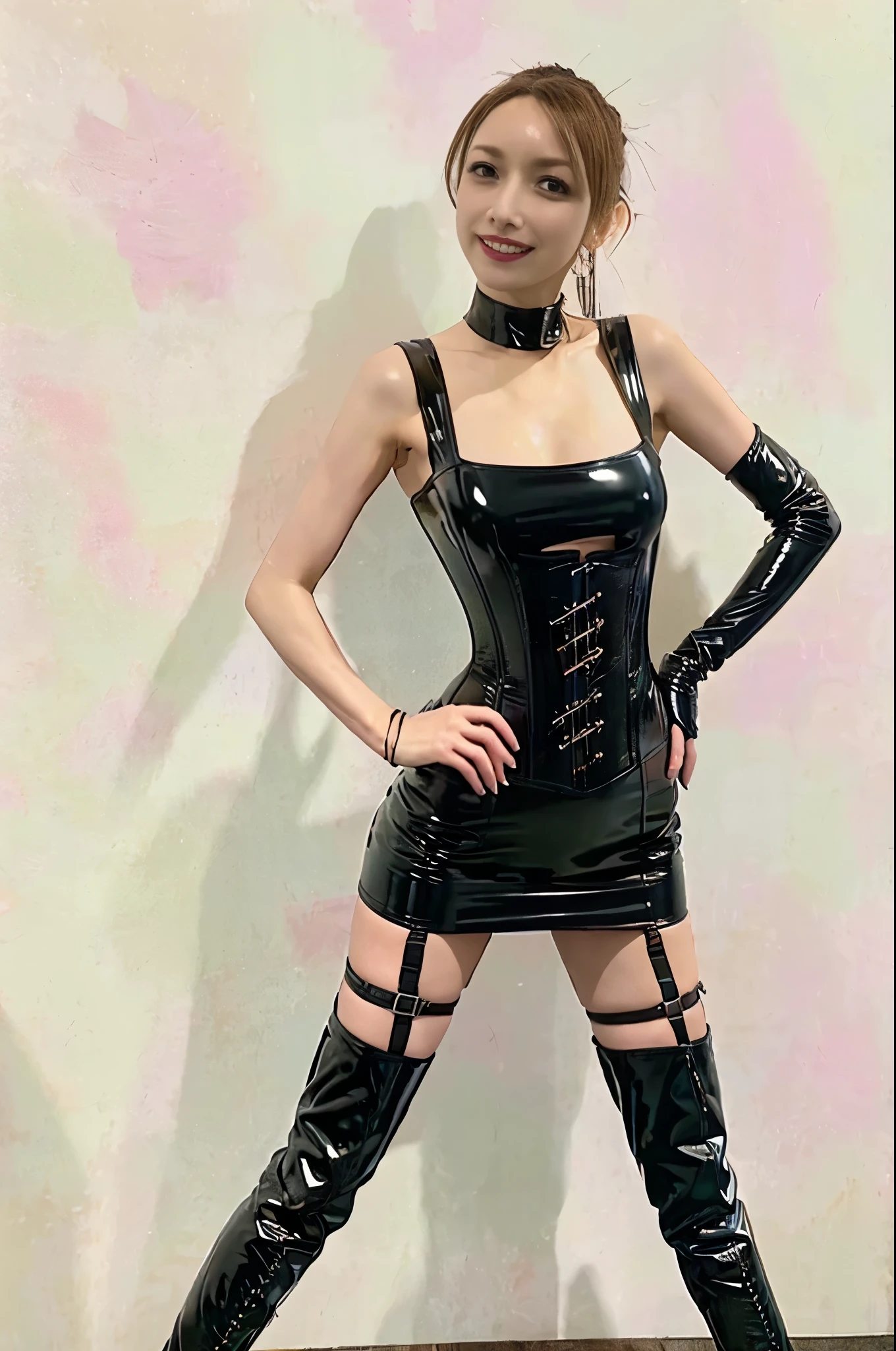 BDSM、Queen、mistress、(((One girl)))、(((solo:1.8)))、(((Black latex elbow gloves:1.4)))、(((Black latex corset dress:1.4)))、(((The corset dress is decorated with beautiful lace.)))、(((Corset dress with shoulder straps)))、(((Black latex tight mini skirt:1.4)))、(((Black thigh-high boots:1.4)))、(((Black rubber tights:1.2)))、(((Stiletto heel boots:1.4)))、(((Black latex high leg panties)))、(((Black latex bra)))、(((Black leather collar)))、(((Sexy pose:1.4 )))、Wide-legged:1.2、(((Erotic)))、(((Cowboy Shot)))、Close-up、(((Place your hands on your hips)))、Beautiful eyes with highlights、Beautiful, smooth skin、Two perfect anatomical arms、Two perfect anatomical legs、(Four perfect fingers and one thumb)、Outdoor、Tokyo、Kabukicho at night、custom street、((Best Quality, 8k, masterpiece: 1.3)), Beauty, 1 girl,Staring at the audience、Looking at the camera、Wicked Smile、Contempt、contempt、Cold gaze