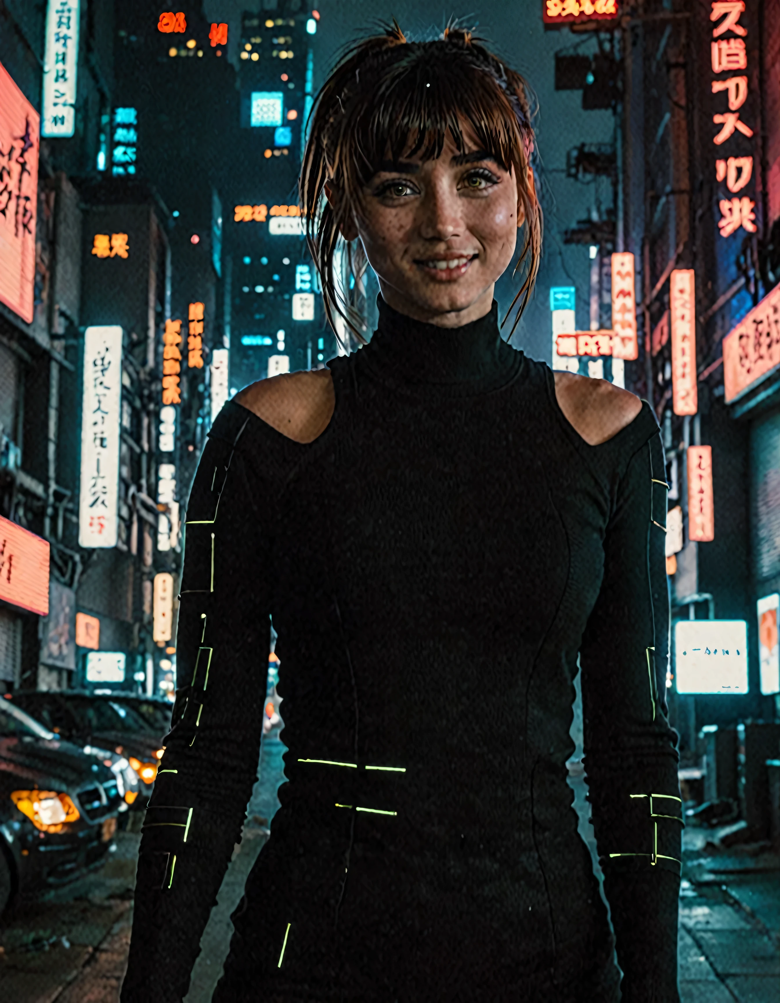 woman j0i,her hair is styled with bangs ,dramatic lighting,Volumetric lighting,film noise,cinematic,looking at the camera,depth of field,hips,in a black outfit, full frame,Cyberpunk cityscape background,smiling