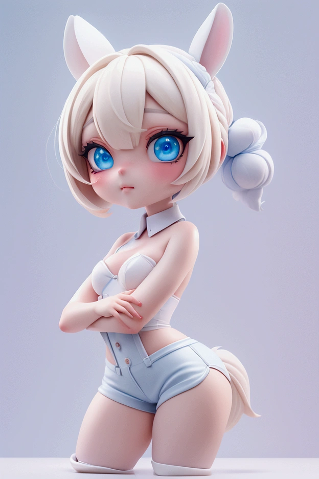 female, anthropomorphic rabbit, white skin, blue eyes, Alone, Blonde hair, horse tail, straight bangs, blue eyes, short, curvy body, flat chest, shirtless, shorts, rainbow thigh high, inside the house, Arcada, Highly detailed, realistic