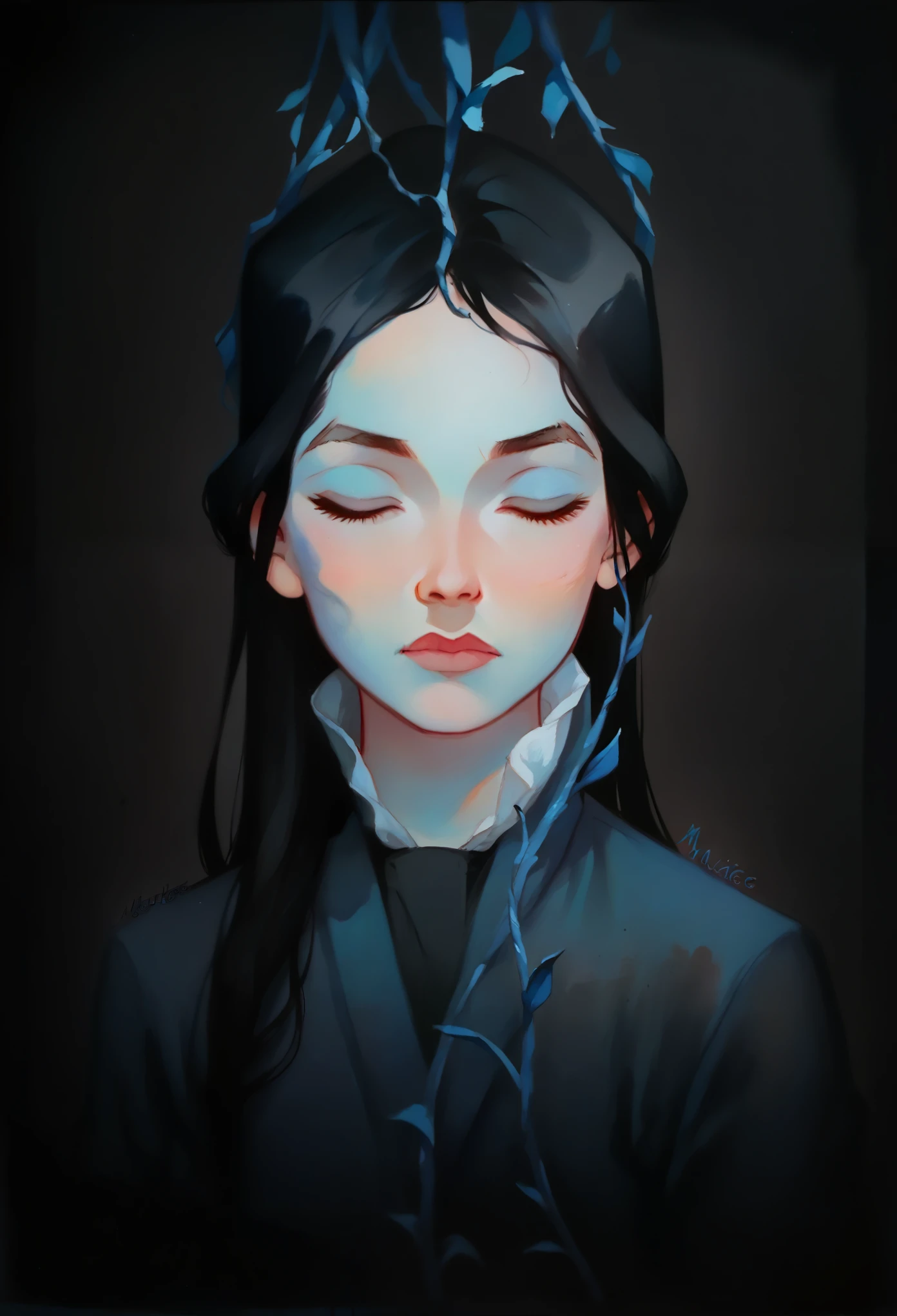 score_9, score_8_up, score_7_up, score_6_up, MulanXLP, neutral soft expression, t4s14, black hair, traditional media, watercolor, white background, white and blue, blue vines and floral, facing the viewer, cartoon, closed eyes, cute, face_portrait, white background