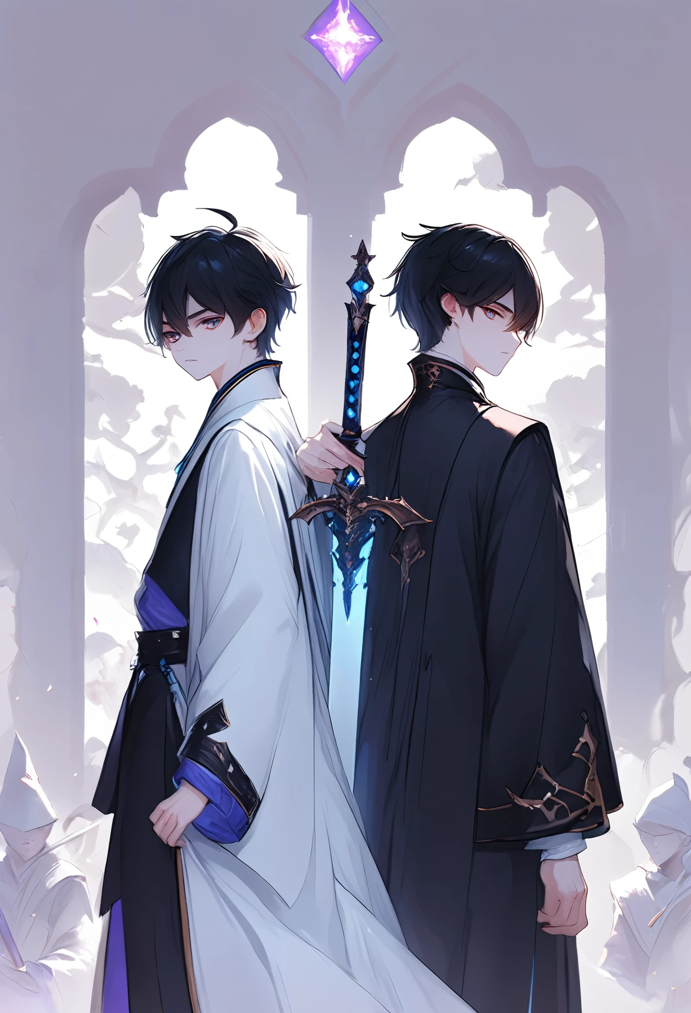 Two teenage boys、White skin、A black-haired aristocratic swordsman and a small wizard、Fantasy world background、Vivid illustrations、Best Quality、Detailed explanation、Back to back pose