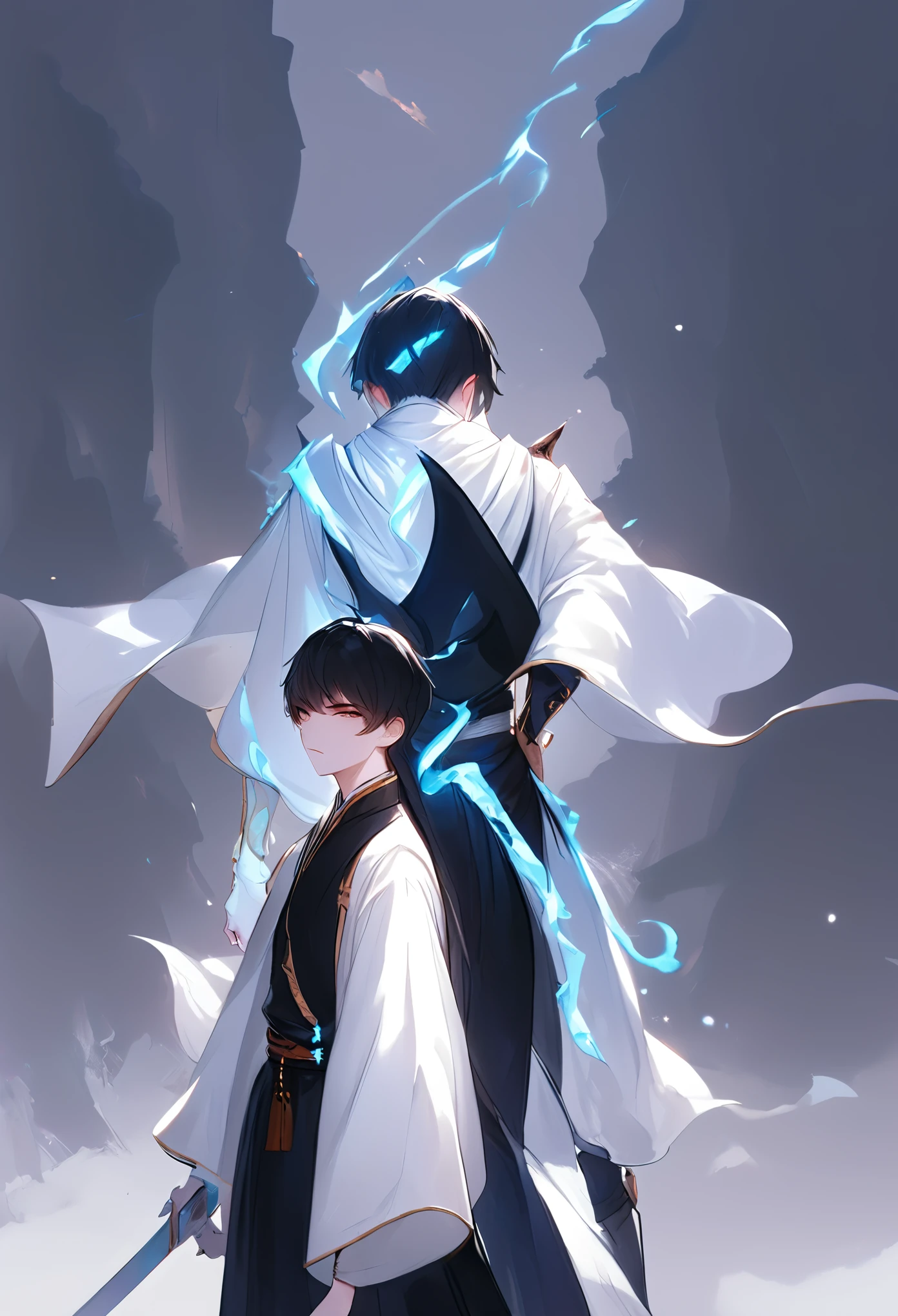 Two  boys、White skin、A black-haired aristocratic swordsman and a small wizard、Fantasy world background、Vivid illustrations、Best Quality、Detailed explanation、Back to back pose