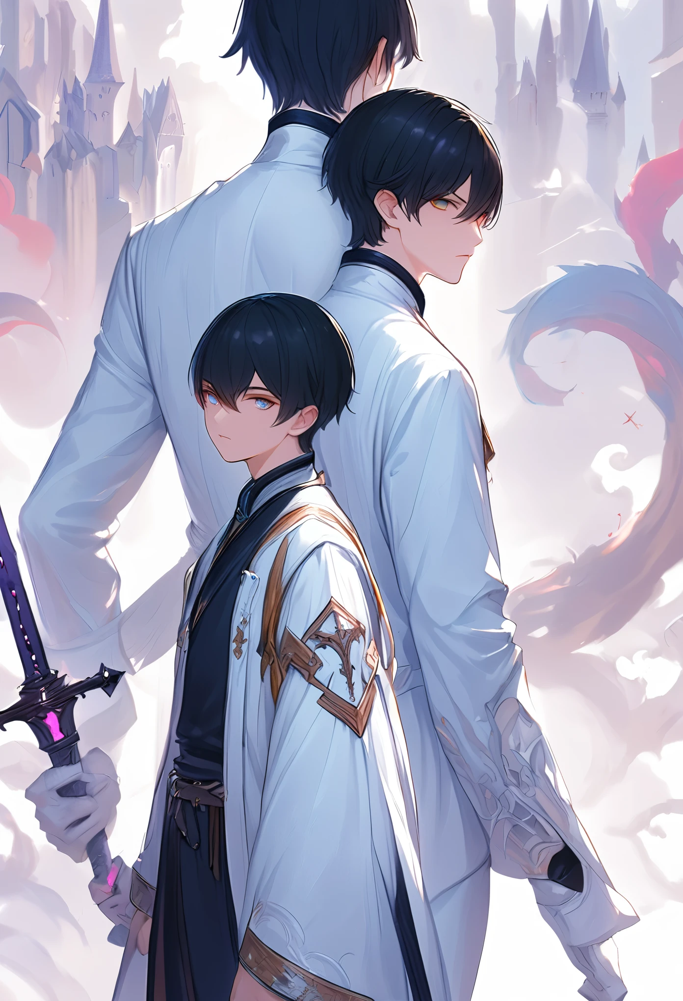 Two teenage boys、White skin、A black-haired aristocratic swordsman and a small wizard、Fantasy world background、Vivid illustrations、Best Quality、Detailed explanation、Back to back pose