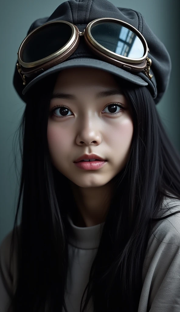 Portrait of a beautiful asian girl with black hair, wearing (retro aviator googles:1.2) and flight cap, dark shadows, atmospheric haze, limited palette, low key, highly dramatic lighting