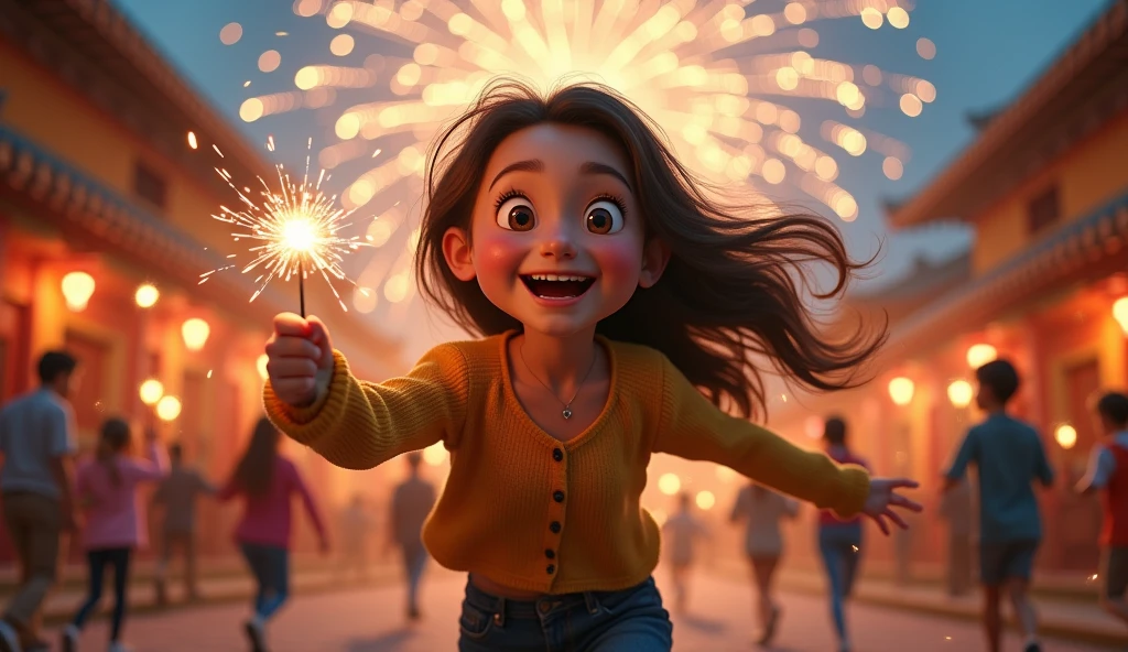 photorealistic of a girl in exciting expression with fire cracker in hands play running among friends, village scenery with firework background in celebration nuance