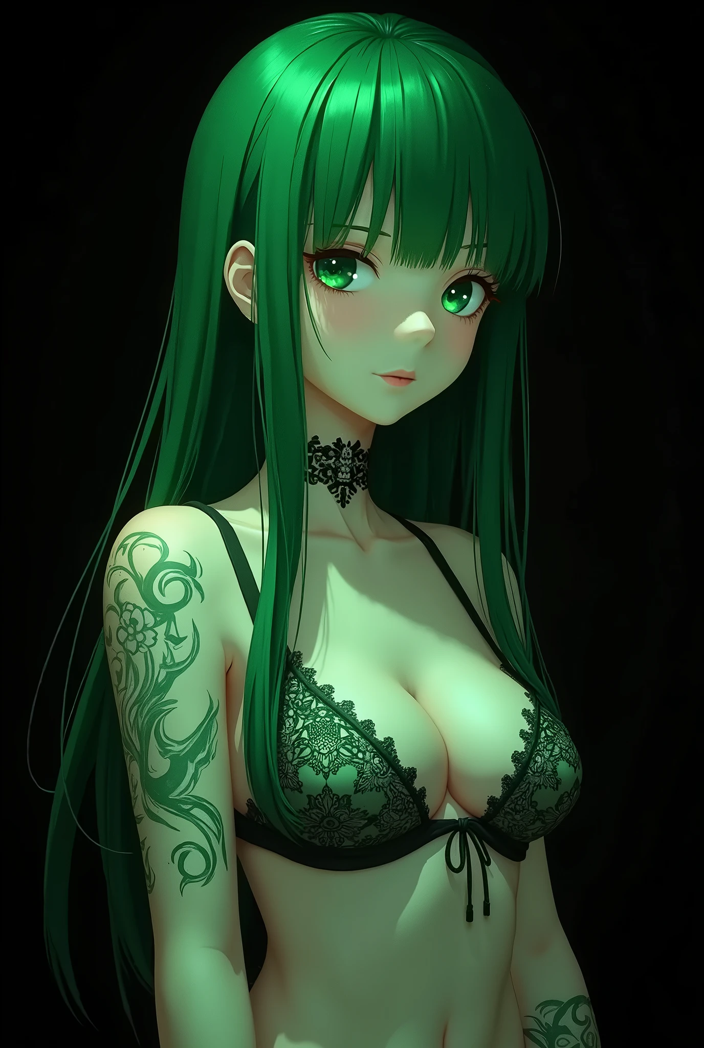 (girl1),(woman1)(Breakdomain style 2d anime),,(Solo portrait of a girl:1,5),(slender body),(structured),(hot),(mature and sexual body),(big ass), (mature and sexual body ), (slender body), (physical attributes such as large breasts and ass), (Breakdomain),(white skin color), (super mega hyper gigantic breasts: 1.5), (with long green hair), (green eyes ),(an 1 woman, with white socks),(wearing),+,(Wearing a black bunny mayo that shows the feathers and arms and is very tight highlighting the breasts and with bunny ears on the head),(Super short skirt:1.5)