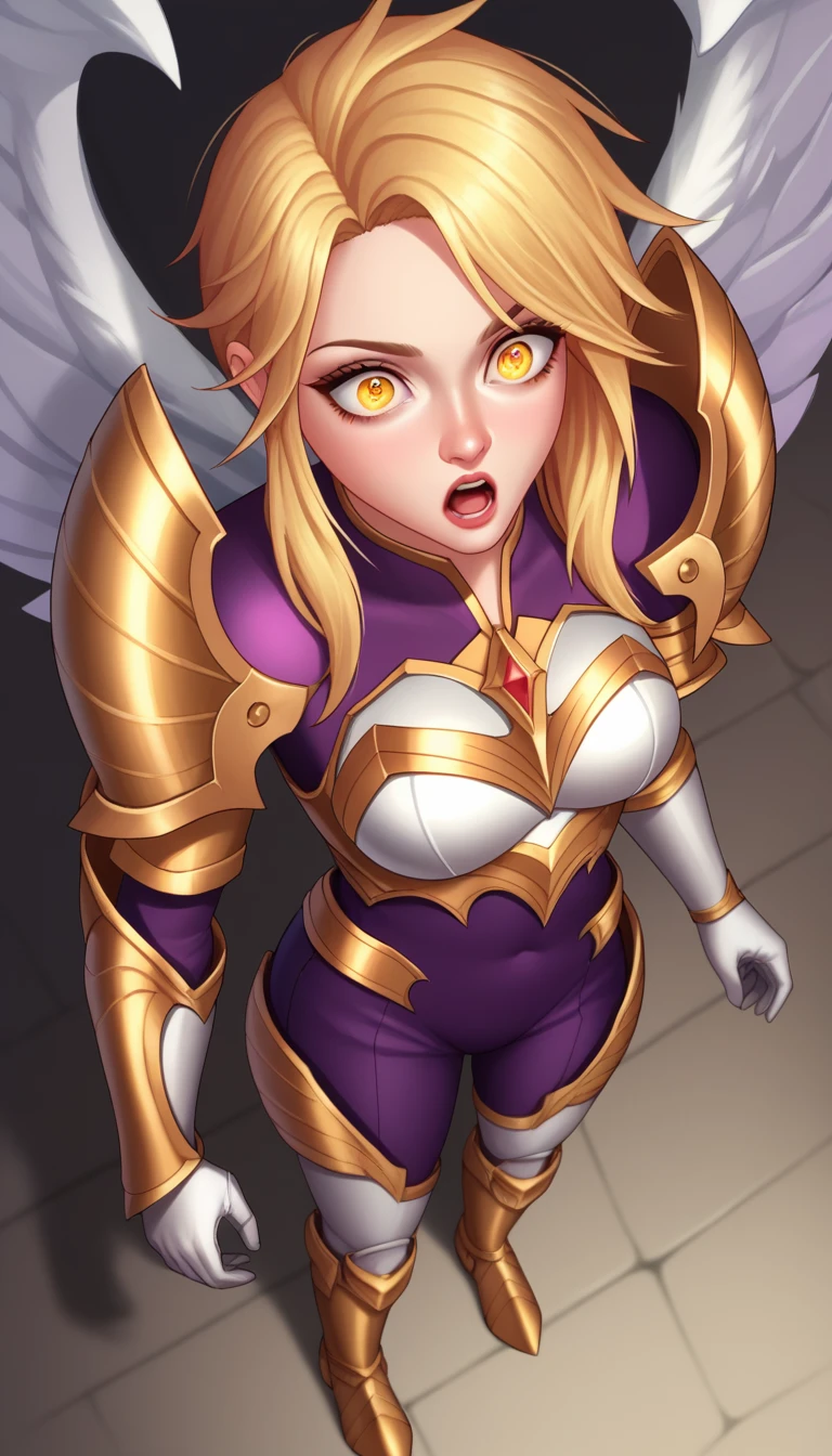 score_9, score_8_above, score_7_above, score_6_above, score_5_above, score_4_above, to break, KayleLoLXL, bright eyes, yellow eyes, long golden hair medium breasts, white wings, white armor, golden ornament armor, gold shoulder armor, arm armor, white gloves, white breastplate, purple jumpsuit, white leg armor, white armored boots, Alone, standing, his body was taken by an enemy he was surprised that it worked by touching himself 