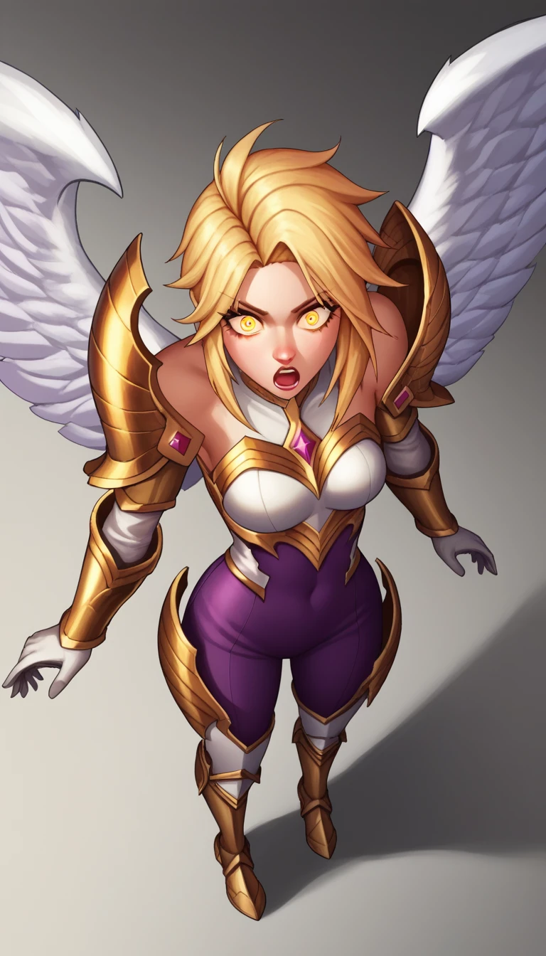 score_9, score_8_above, score_7_above, score_6_above, score_5_above, score_4_above, to break, KayleLoLXL, bright eyes, yellow eyes, long golden hair medium breasts, white wings, white armor, golden ornament armor, gold shoulder armor, arm armor, white gloves, white breastplate, purple jumpsuit, white leg armor, white armored boots, Alone, standing, his body was taken by an enemy he was surprised that it worked by touching himself 