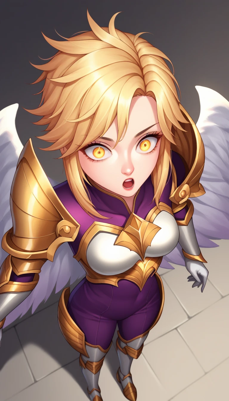 score_9, score_8_above, score_7_above, score_6_above, score_5_above, score_4_above, to break, KayleLoLXL, bright eyes, yellow eyes, long golden hair medium breasts, white wings, white armor, golden ornament armor, gold shoulder armor, arm armor, white gloves, white breastplate, purple jumpsuit, white leg armor, white armored boots, Alone, standing, his body was taken by an enemy he was surprised that it worked by touching himself 