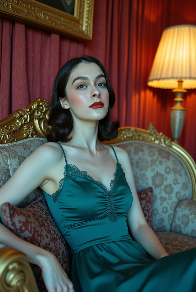 a surreal, luxurious image of a woman sitting elegantly on a lavish, baroque-style couch with ornate golden carvings. She is dressed in a flowing, teal dress with delicate lace details that catch the soft ambient light. Her dark brunette hair is styled in long waves, framing her pale, freckled ethereal face. The room around her is richly decorated, with heavy velvet curtains in a deep crimson hue and walls adorned with intricate, golden floral patterns. A vintage lamp casts a warm glow, contrasting with the cool blue light that illuminates her. The scene has a cinematic, dreamlike quality, with subtle hints of abstraction—the colors appear rich and saturated, giving the room an almost otherworldly atmosphere. In the background, a mysterious, shadowy painting hangs on the wall, adding a sense of intrigue.