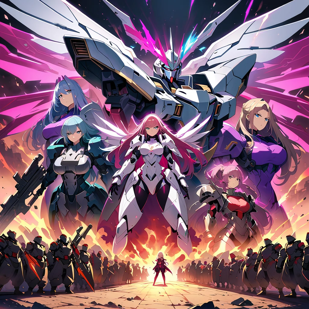 Anime, high detailed, multiple womans, mature womans, platinum-like mecha armor, large mechanical wings, large Gauntlet, serious, curvy body, long mechanical wings, mecha weapons、Colored armors、magenta Colored aura、BLUE Eyes, elongated pupils,  Mature Woman、magenta aura、womans surrounding, background a crumbled city