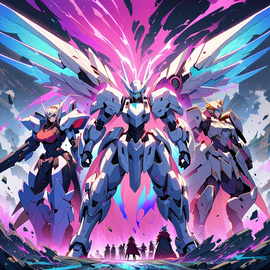 Anime, high detailed, multiple womans, mature womans, platinum-like mecha armor, large mechanical wings, large Gauntlet, serious, curvy body, long mechanical wings, mecha weapons、Colored armors、magenta Colored aura、BLUE Eyes, elongated pupils,  Mature Woman、magenta aura、womans surrounding, background a crumbled city