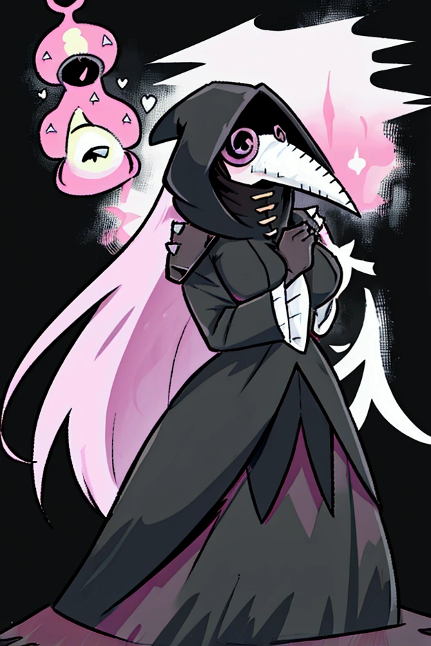 Girl, long, straight pale pink hair, wears a black plague mask that covers her face, a tight black bodysuit with an opening in the chest, with bell-shaped sleeves and a long cape that covers her entire body.