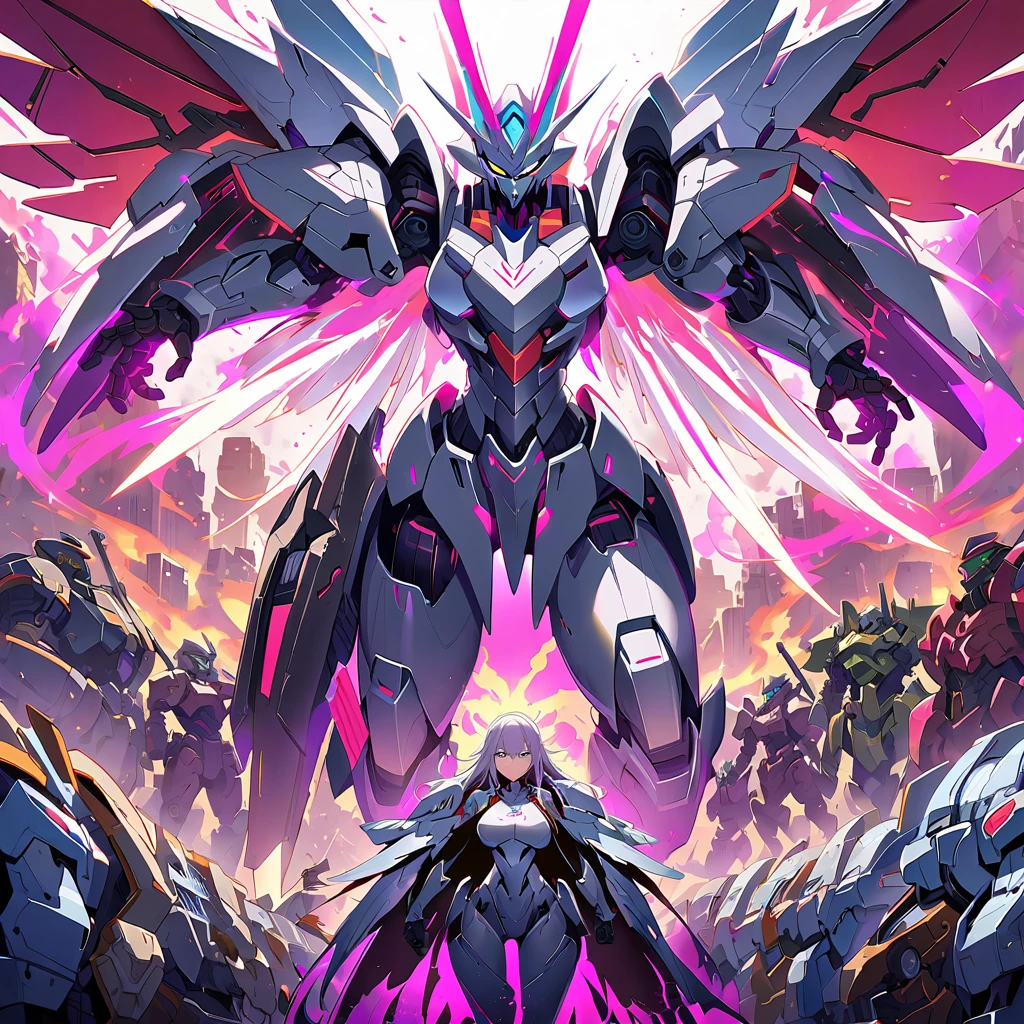 Anime, high detailed, multiple womans, mature womans, platinum-like mecha armor, large mechanical wings, large Gauntlet, serious, curvy body, long mechanical wings, mecha weapons、Colored armors、magenta Colored aura、BLUE Eyes, elongated pupils,  Mature Woman、magenta aura、womans surrounding, background a crumbled city