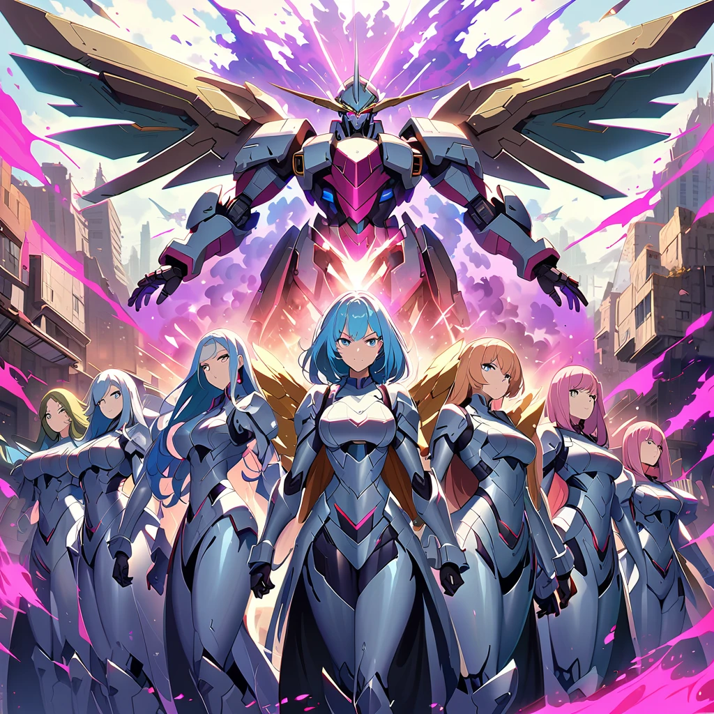 Anime, high detailed, multiple womans, mature womans, platinum-like mecha armor, large mechanical wings, large Gauntlet, serious, curvy body, long mechanical wings, mecha weapons、Colored armors、magenta Colored aura、BLUE Eyes, elongated pupils,  Mature Woman、magenta aura、womans surrounding, background a crumbled city