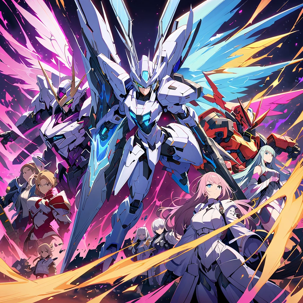 Anime, high detailed, multiple womans, mature womans, platinum-like mecha armor, large mechanical wings, large Gauntlet, serious, curvy body, long mechanical wings, mecha weapons、Colored armors、magenta Colored aura、BLUE Eyes, elongated pupils,  Mature Woman、magenta aura、womans surrounding, background a crumbled city